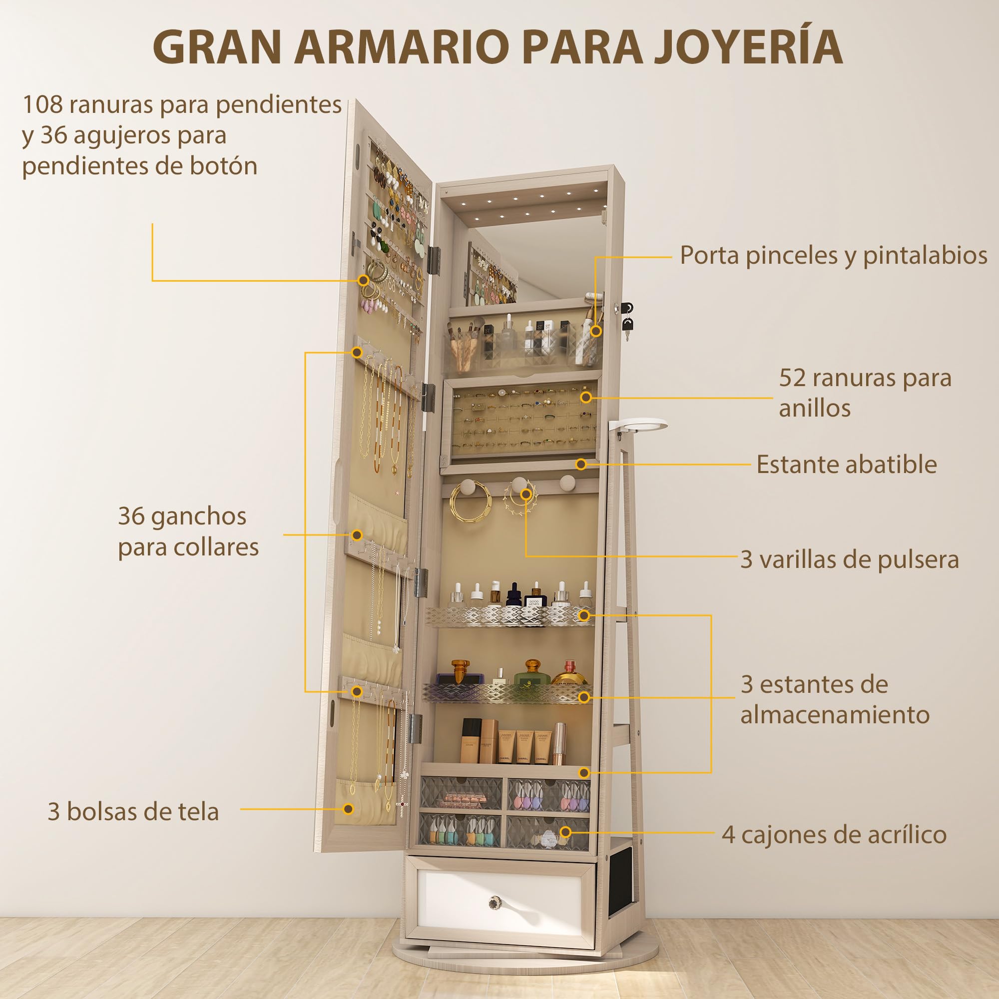 HOMCOM Miroir à bijoux avec éclairage LED, armoire à bijoux, armoire à bijoux avec miroir intégral, pivotant à 360°, tiroir, serrure, étagères ouvertes, support pour sèche-cheveux, naturel