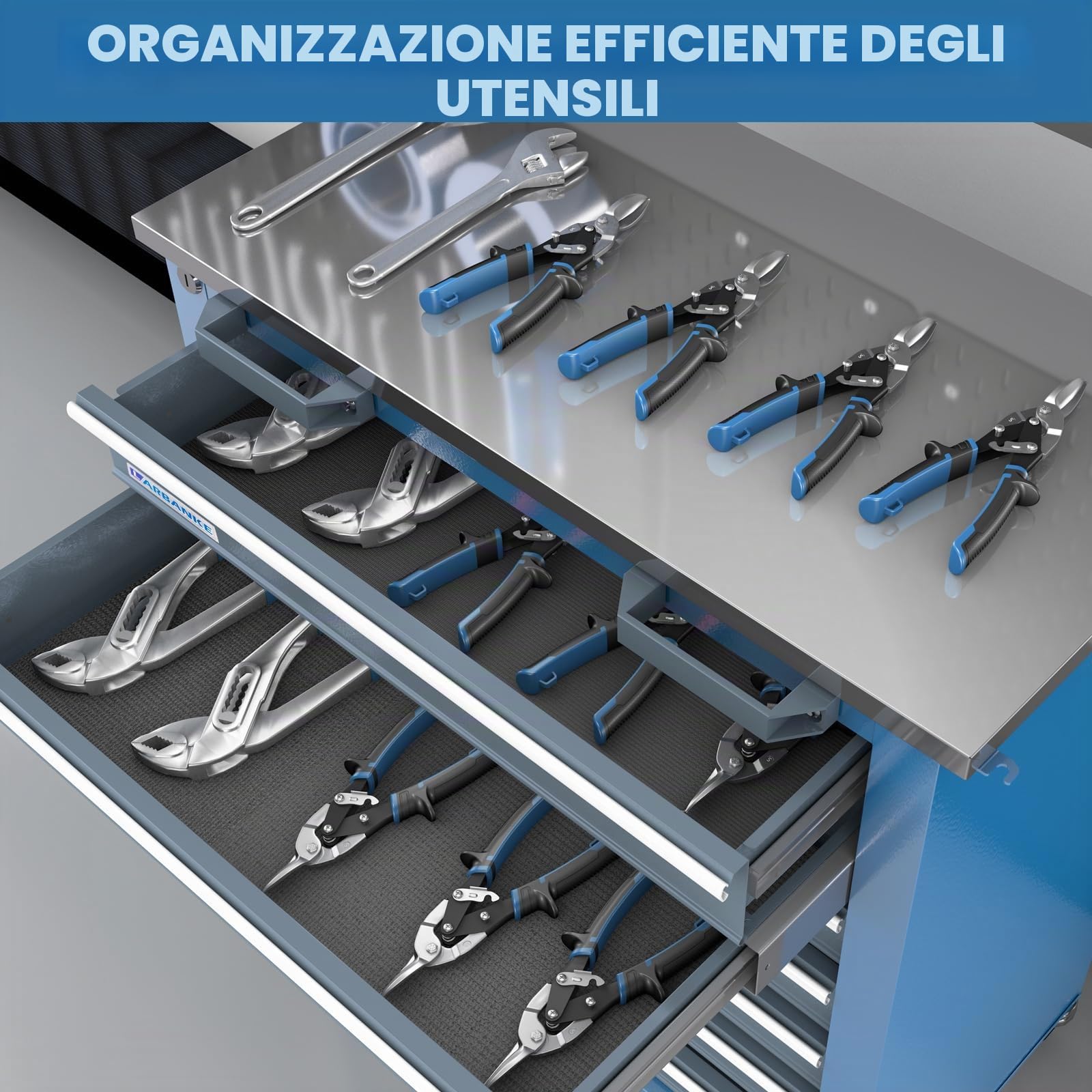LARBANKE Carrello Portautensili con 7 Cassetti,Carrello de Officina con ruote a 360°, Armadio Portautensili con piano di lavoro in acciaio inox, Porta Attrezzi Officina con sistema di bloccaggio