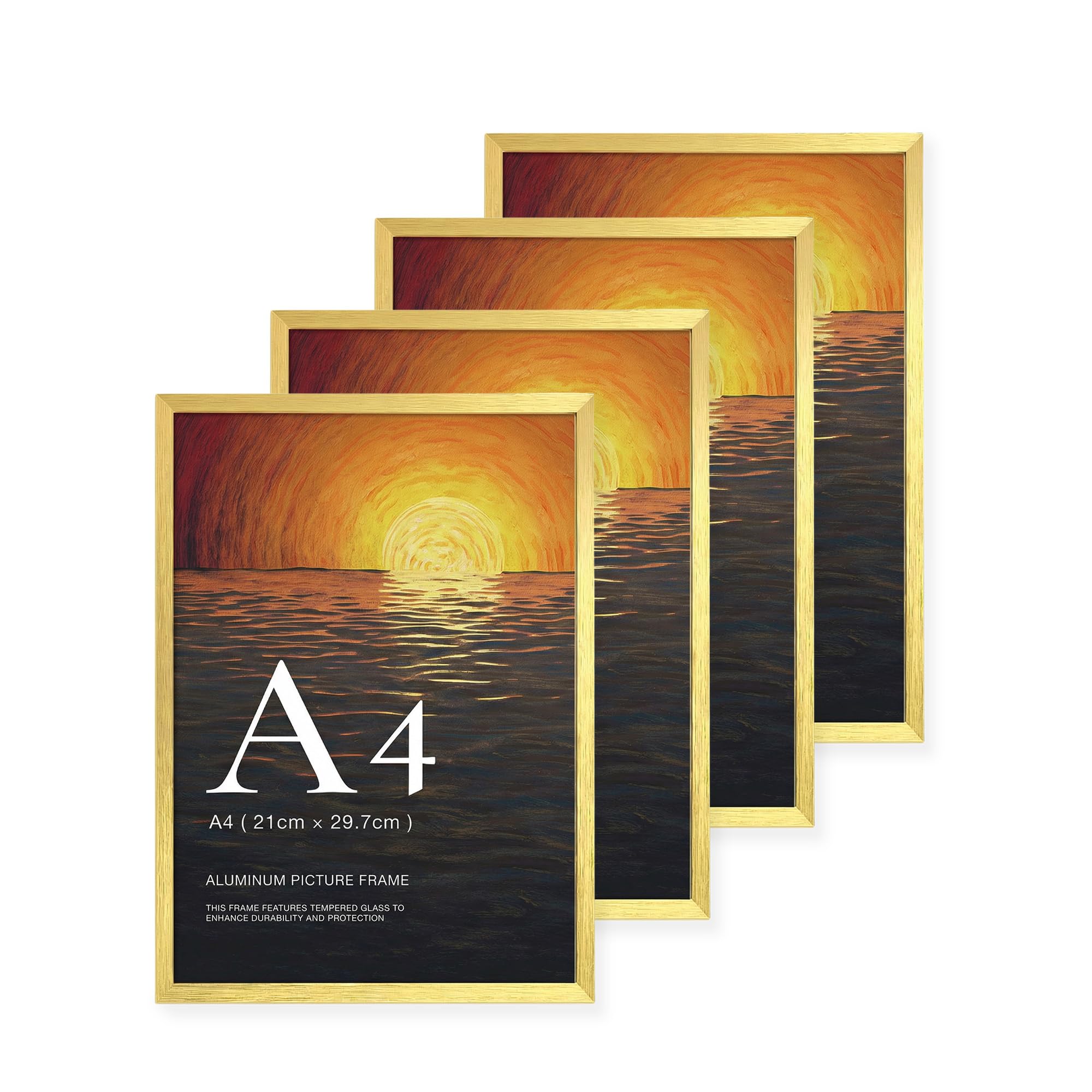 LIVINGTASTE A4 Picture Frame Brushed Gold Aluminium, Set of 4 21x30 cm Photo Frame with Plexiglass Front, for Certificates, Photos, Documents and Wall Display