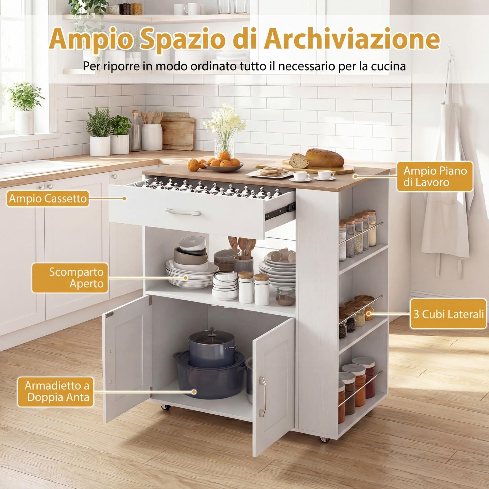 COSTWAY Carrello da Cucina con Ruote, Isola da Cucina con 3 Portaspezie 1 Cassetto Armadietto a 2 Porte, Carrello Portaoggetti con Portasciugamani, 82x46x92 cm (Bianco, con presa)