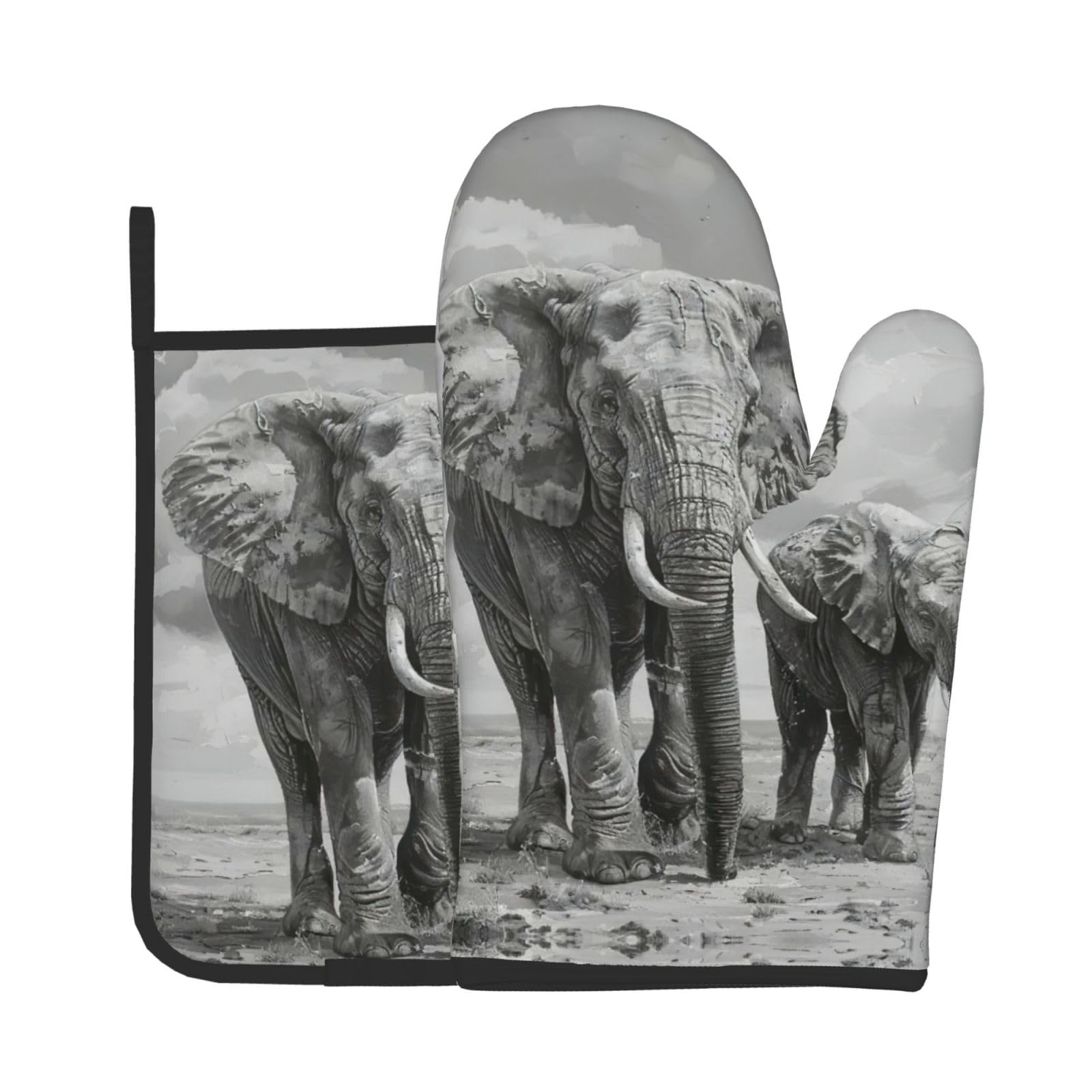 Old Elephant and Young Elephant Kitchen Baking Two-Piece Set,Multipurpose Oven Gloves,Used for Barbecue Kitchen Baking