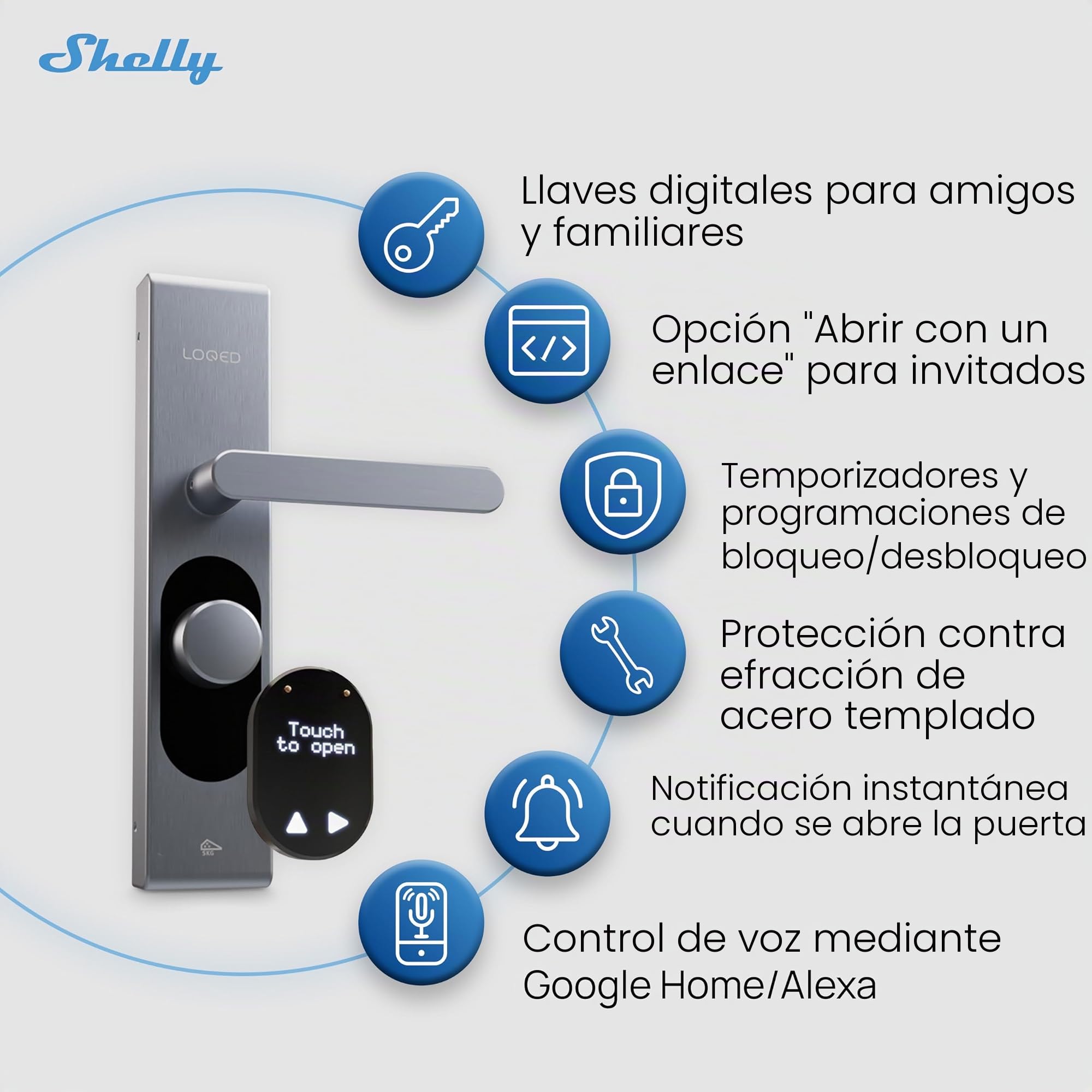 LOQED Touch Smart Lock Plateado - Cerradura inteligente con cilindro europeo, W-Fi, Bluetooth, Accesso remoto táctil sin llave y con Código, Control de Aplicación, Alta seguridad, Alexa, Google Home