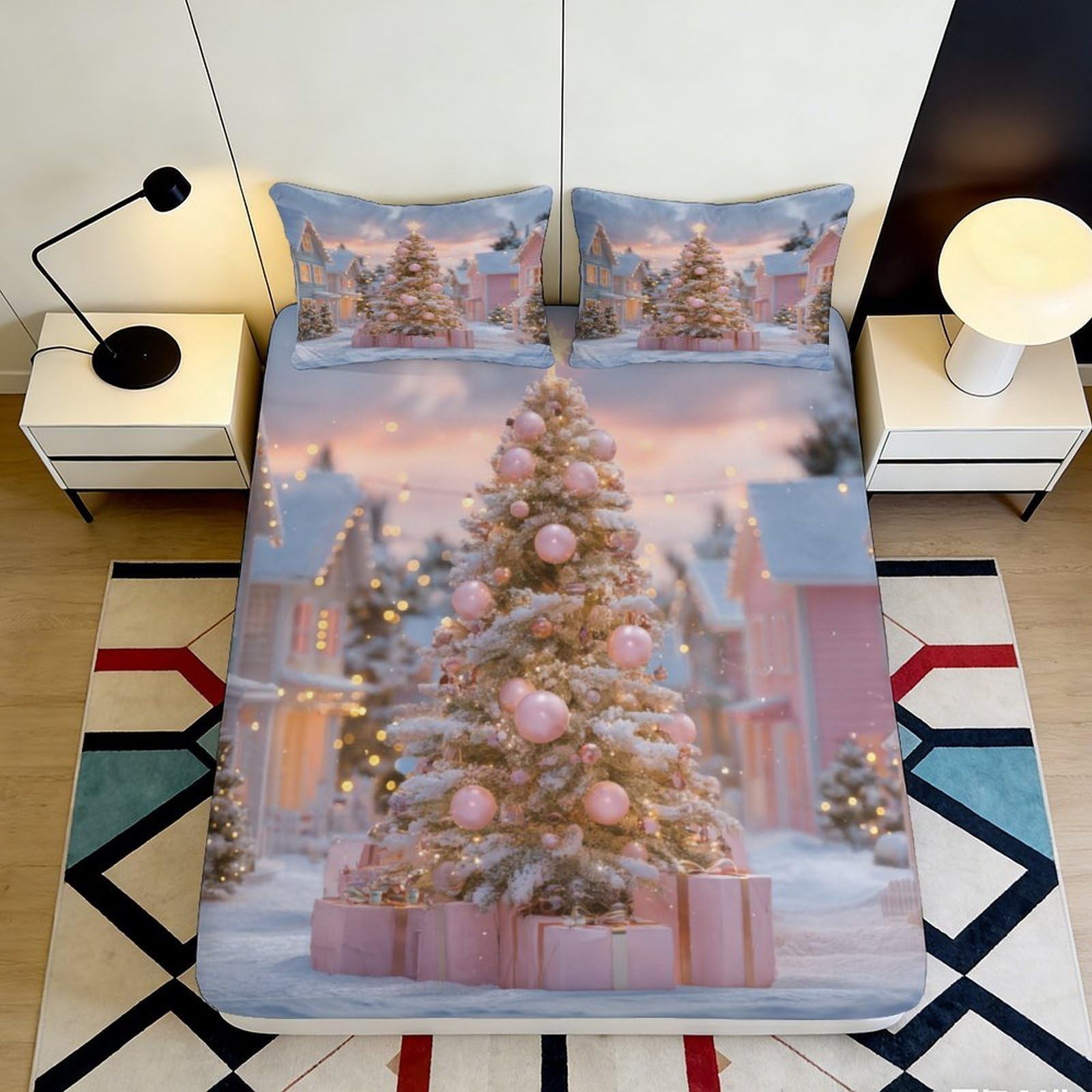3D Printed Christmas Tree Fitted Sheet Microfiber Deep Pocket Non-Slip Christmas Tree Mattress Fitted Cover Bedding 140x200x25cm