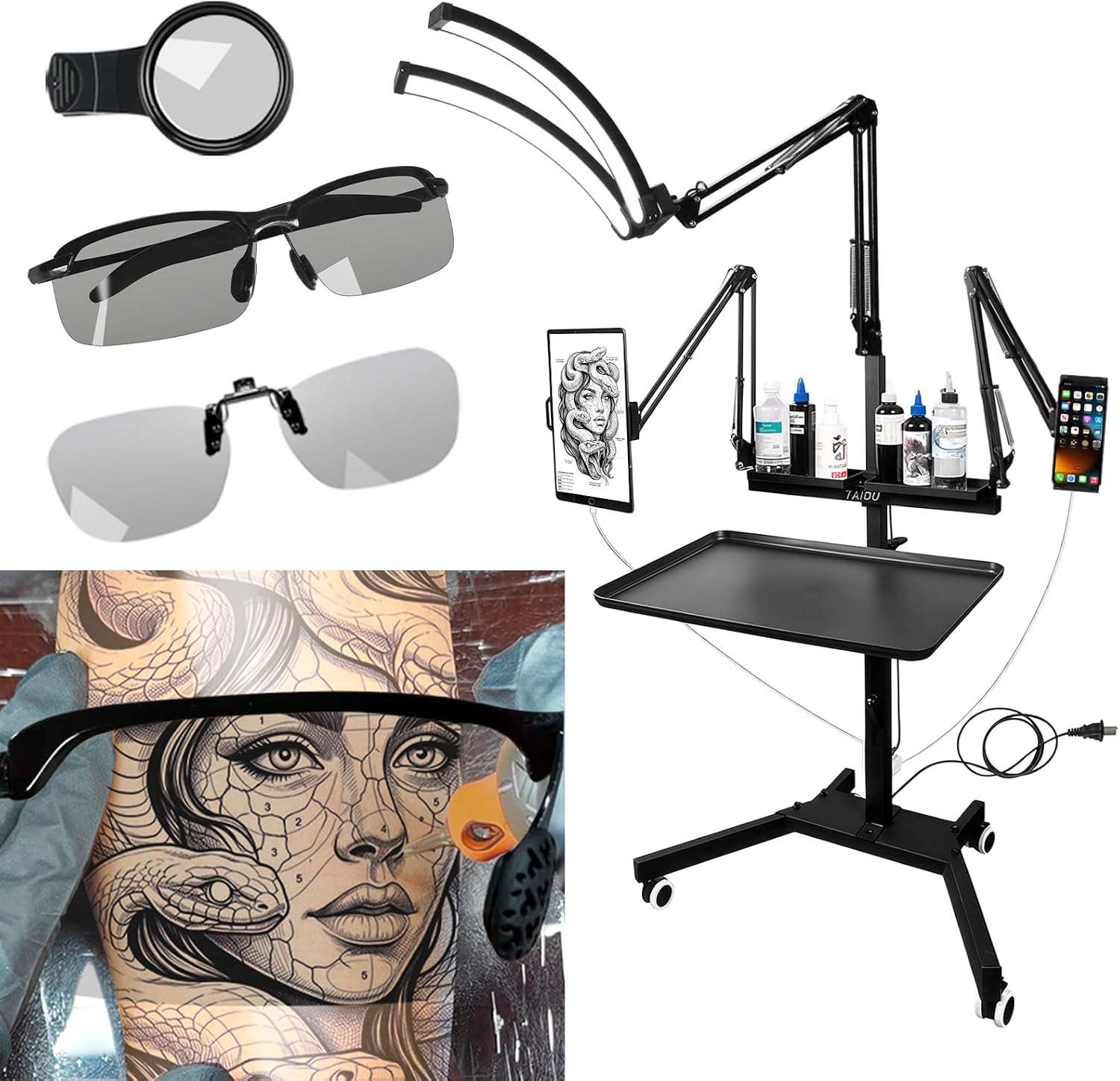 Upgraded Tattoo Workstation, Multi-Functional with Power Strip, Tattoo Lamp, Lighted Dual-Holder Tattoo Tray Cart, Adjustable Height Magnetic Tray (Black semi-Circular lamp)