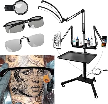 Upgraded Tattoo Workstation, Multi-Functional with Power Strip, Tattoo Lamp, Lighted Dual-Holder Tattoo Tray Cart, Adjustable Height Magnetic Tray Black semi-Circular lamp