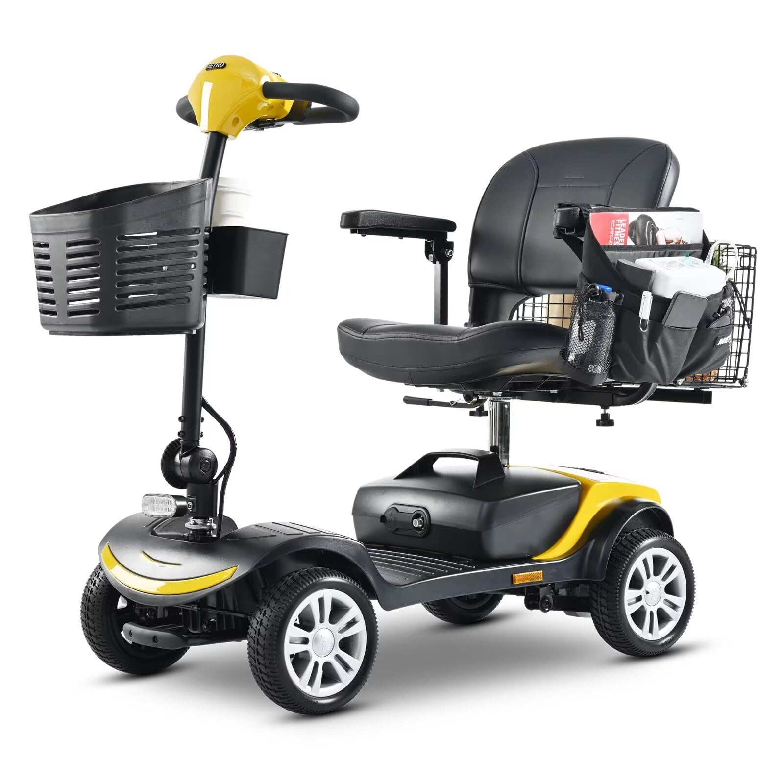 4 Wheel Compact Mobility Scooter 400 lb Capacity, Foldable Electric Scooter for Seniors and Adults, Heavy Duty Travel Model with Lights, Basket, and Long-Lasting Battery -Yellow