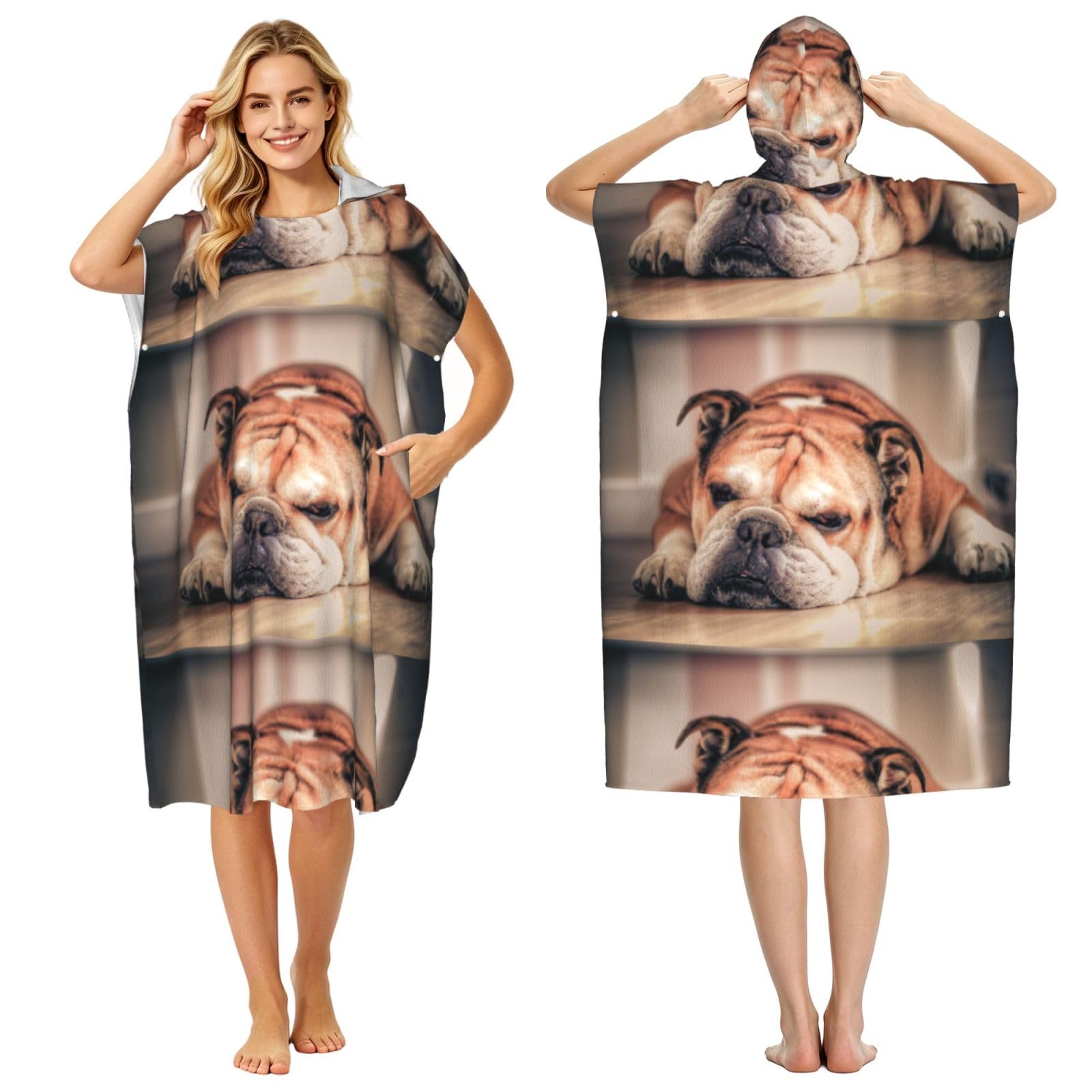 Poadnly English Bulldog, Adult Hooded Beach Towel 90 x 110 cm,Changing Bath Robe, Surf Poncho Towel For Women Men