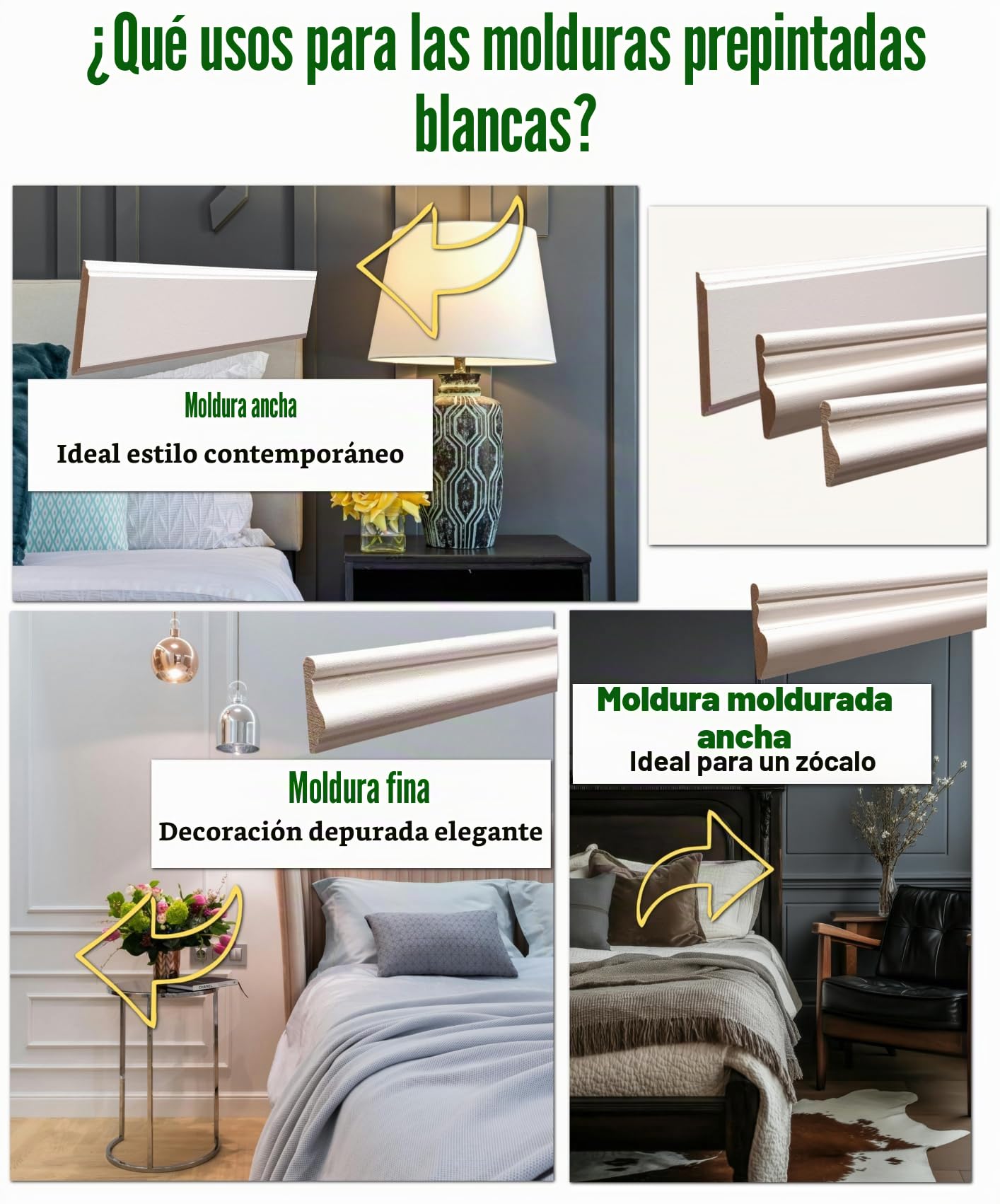 MadeInNature - Moldura de pared, madera media blanca, longitud 2 metros, cornisa de madera prepintada resistente y fácil de colocar, modelos y tamaños a elegir (7958, lote de 6 metros)