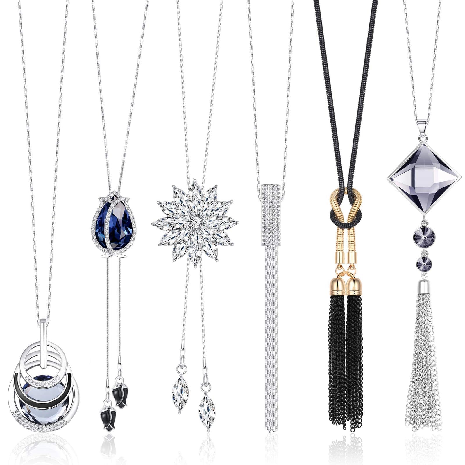 6pcs Long Pendant Necklace Set for Women Girls - Silver Plated Sweater Y Statement Jewelry With Rhinestone Flower Knot Tassel