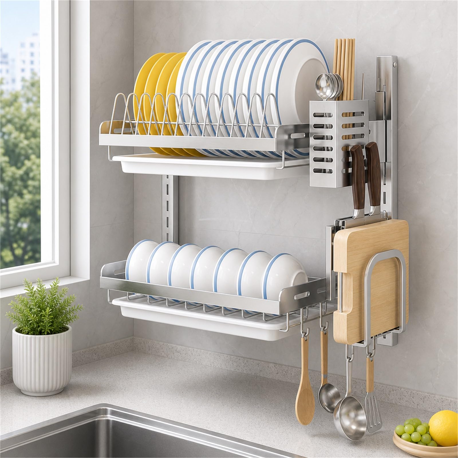Escurreplatos sobre Fregadero,Escurridor De Platos De Acero Inoxidable,Escurridor De Platos Colgante,PrevencióN De La OxidacióN,Puede Contener Cubiertos,Platos PequeñOs Y Tazas