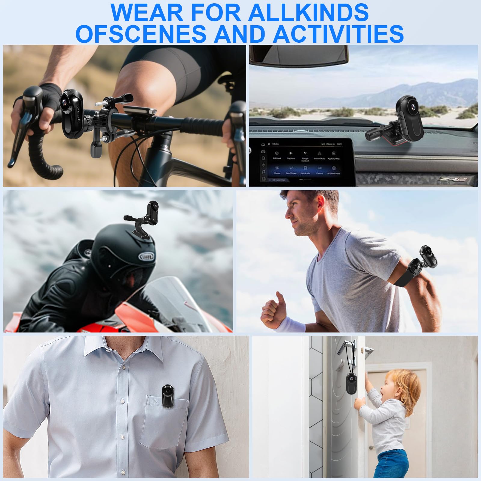 Mini Camera, Clip Rotatif 360°Camera Pieton, Vidéo et Audio HD 1080P Caméra d'action, Body Cam avec Accessoires Multifonctions Motos, Vélos et Casques Caméra Corporelle Portable