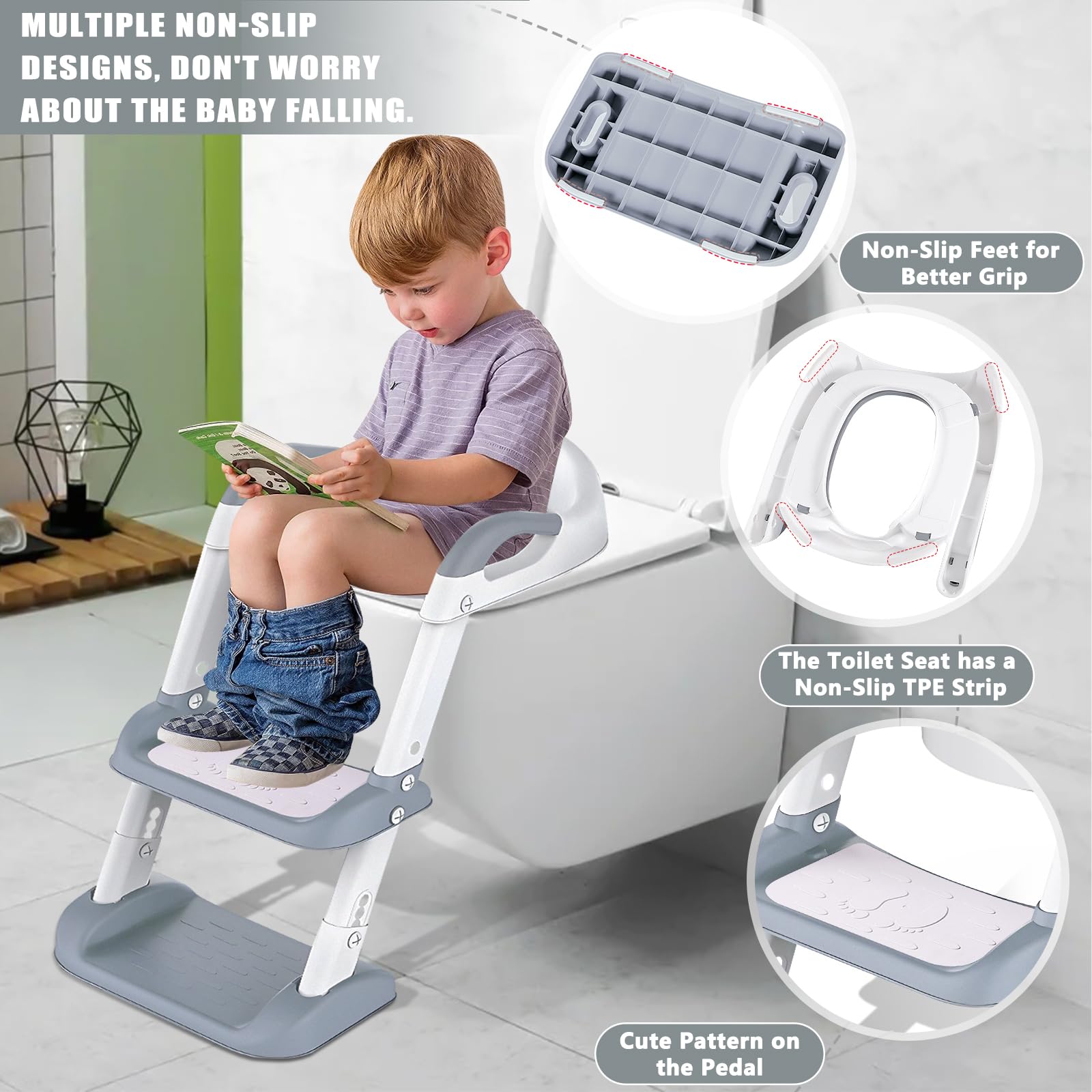 NCIKIHRKK Reducteur Toilette Enfant, Réducteur WC Enfant avec Escalier, Pot Bebe Toilette, Rehausseur Toilette Enfant avec Coussin Moelleux, Pliable Adaptateur toilette Enfants en Forme de V, U, O