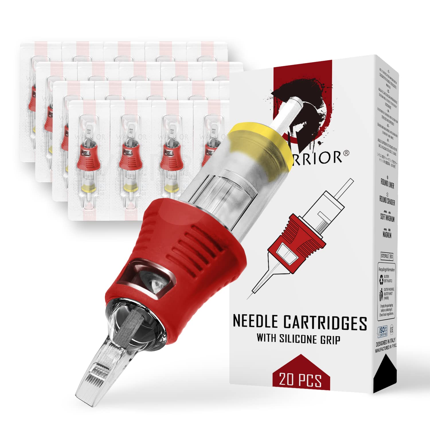 WarriorPRO Tattoo Needle Cartridges with Silicone Rubber Handle Sterilized Tattoo Needle Cartridge Big Magnum 20pcs 316L Japanese Surgical Steel Permanent Makeup PMU(0.25MM-0823M1)