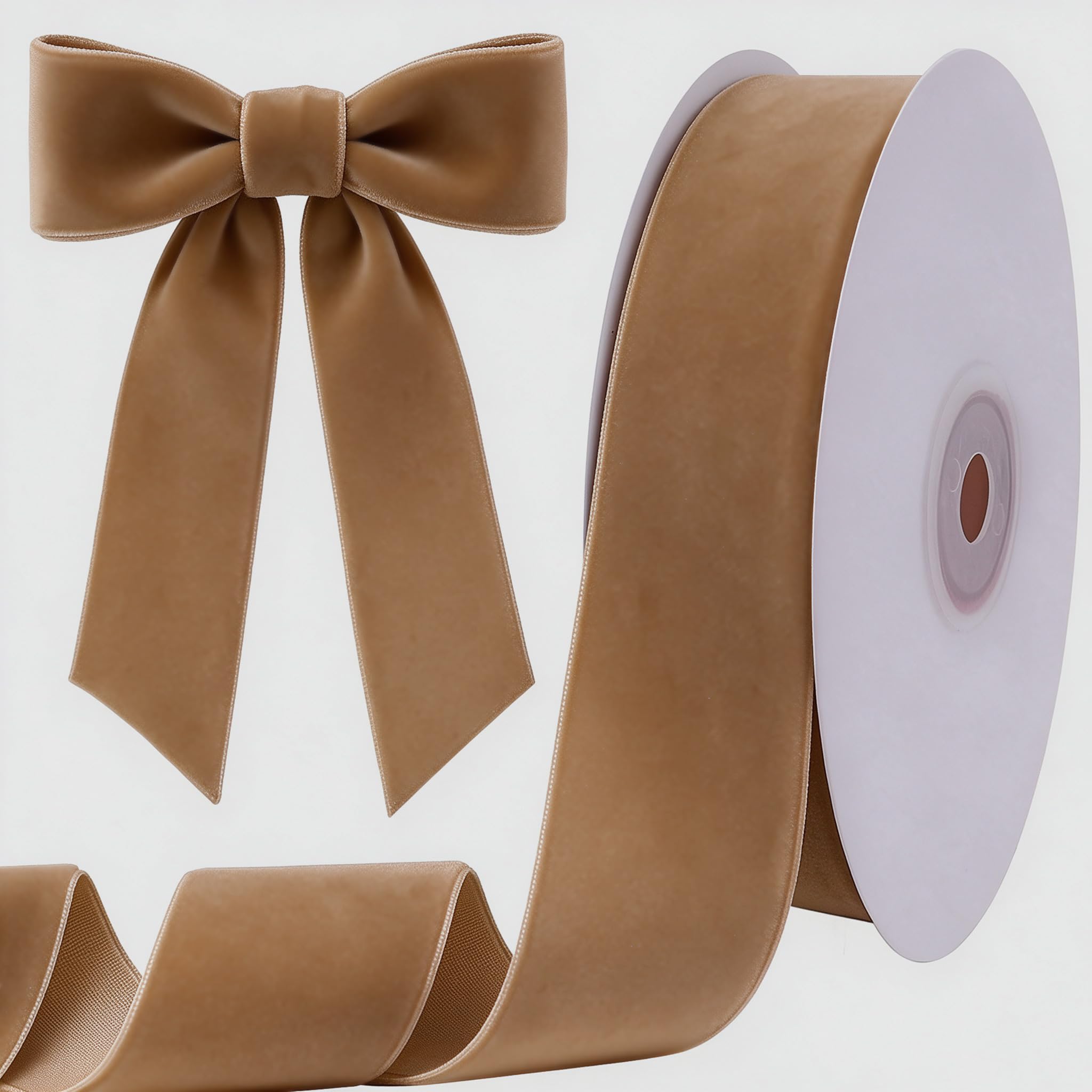 Tsorode 10 Yards Light Brown Velvet Ribbon for Christmas Tree, 1.5 Inch