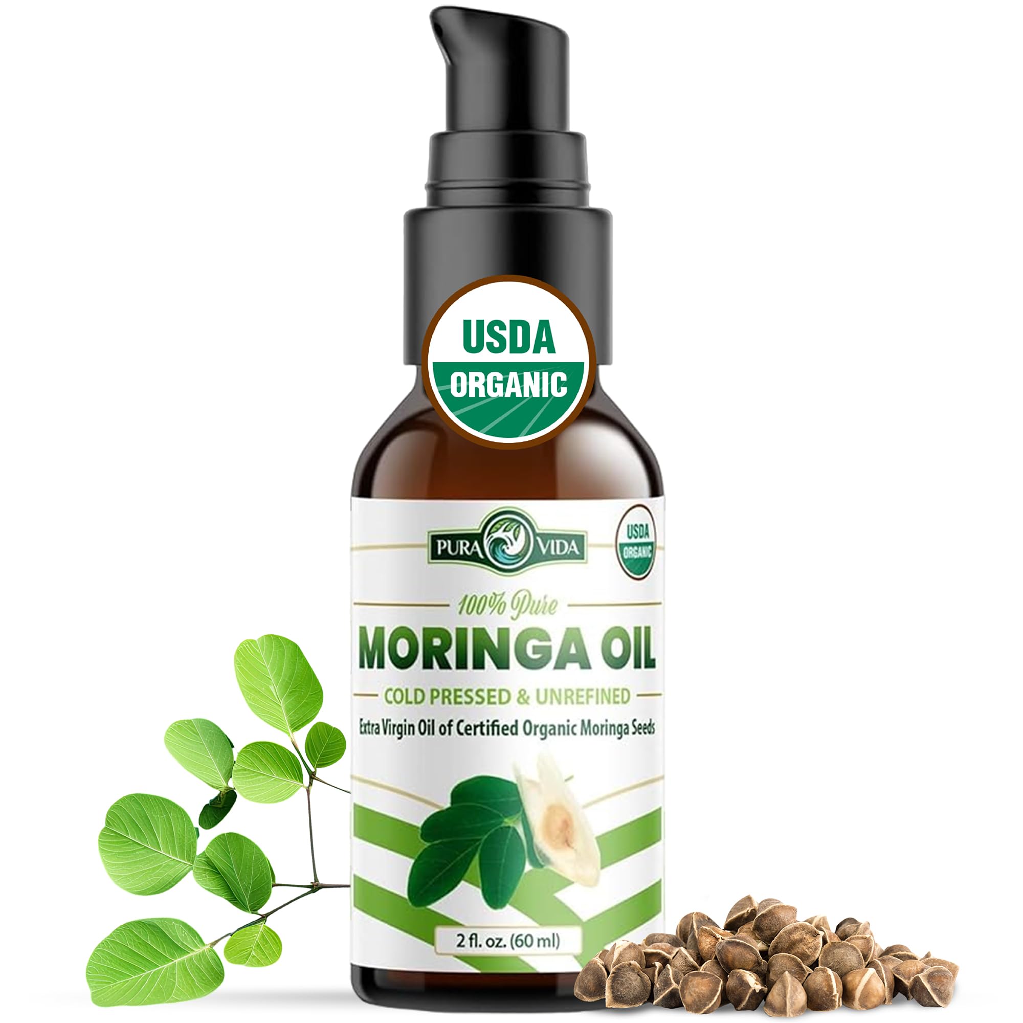 PURA VIDA Organic Moringa Oil 100% Pure, Cold Pressed, Unrefined Moringa Oleifera Seed Oil 2 fl. oz (60ml)