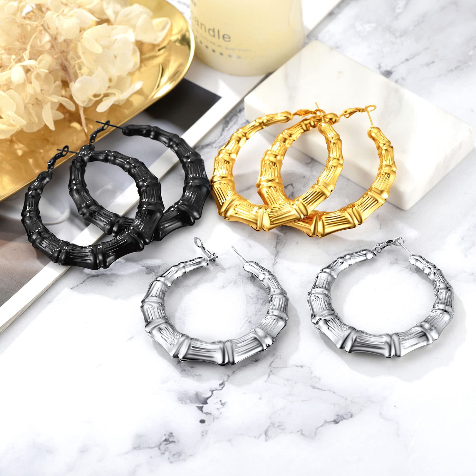 FOCALOOK Orecchini Cerchio Grandi Tubolari Bombati 40/60/ 80 mm Acciaio/Nero/Oro Placcato, con Confezione Regalo