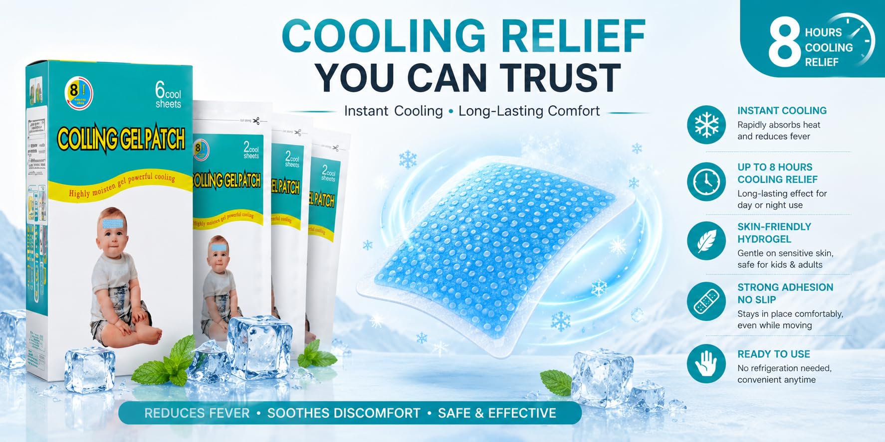 Migraine Relief Cooling Strips– Instant Cooling Headache Patch for For head, Fever, Stress & Migraine Pain Relief Gentle Skin Safe Gel Pad (Cooling Patch 6 - Sheet) — Amazon image 9