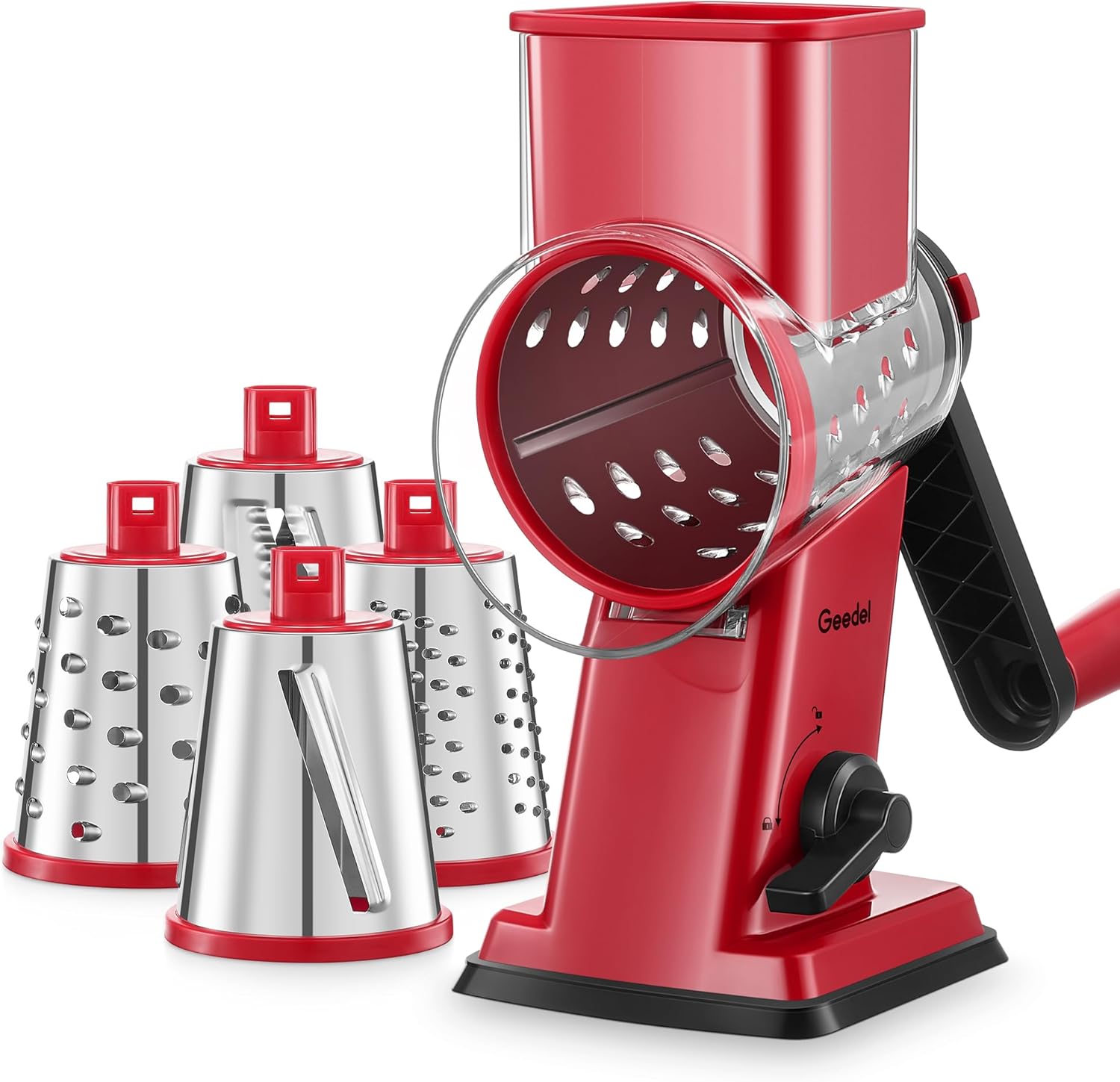 Geedel Rotary Cheese Grater – Upgraded Vegetable Shredder with 4 Interchangeable Blades, Easy to Clean Cheese Shredder with Handle, Kitchen Grater Nuts Grinder for Cutting Cheese, Vegetable, Nuts Geedel Rotary Cheese Grater – Upgraded Vegetable Shredder with 4 Interchangeable Blades, Easy to Clean Cheese Shredder with Handle, Kitchen Grater Nuts Grinder for Cutting Cheese, Vegetable, Nuts