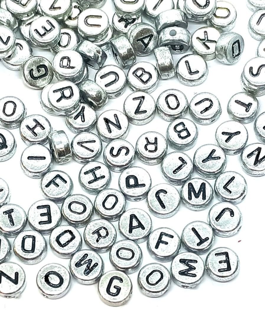 7mm Silver Flat Round Alphabets Acrylic Beads (Mixed or Single Letters) (Mixed)