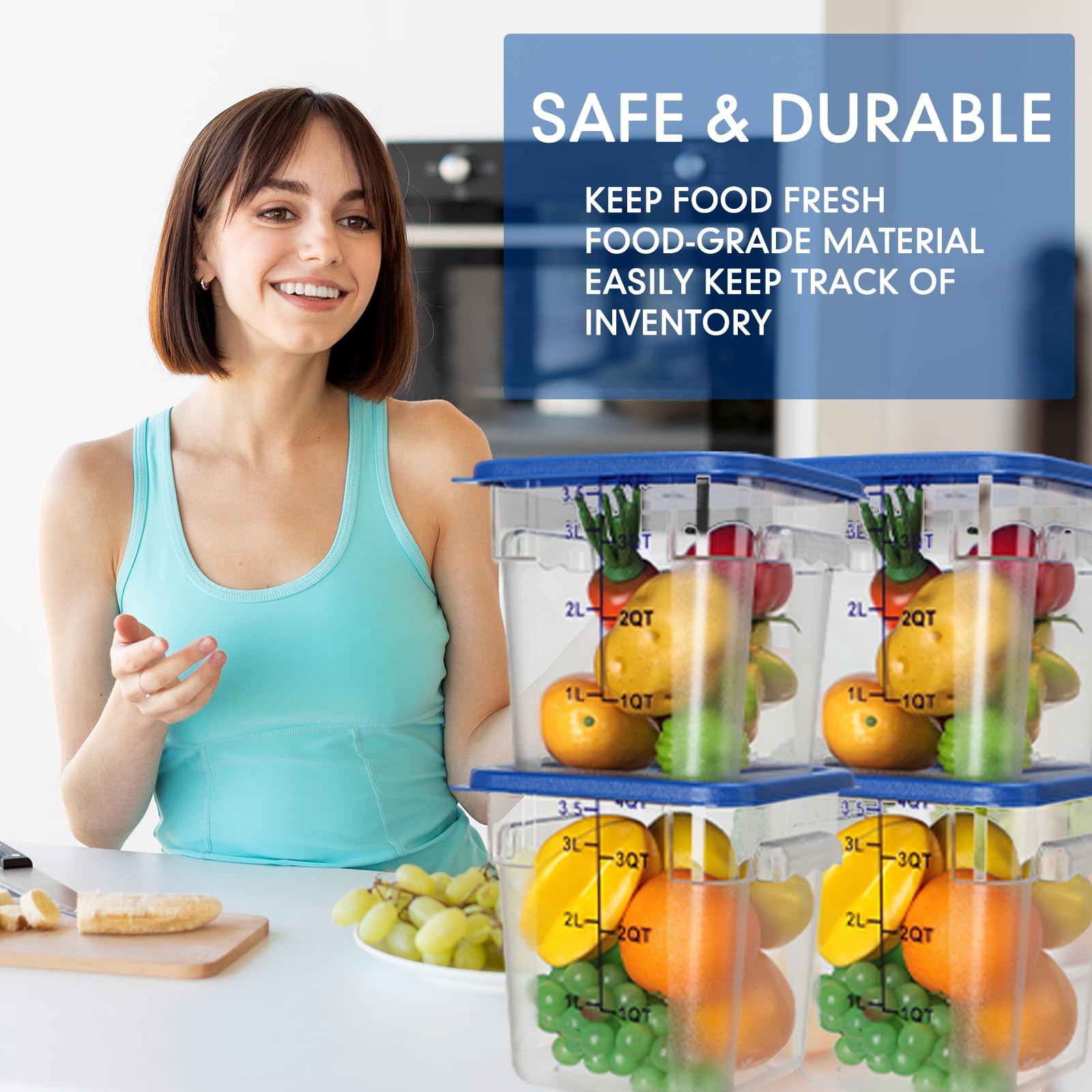 Lallisa Paquete de 8 recipientes de almacenamiento de alimentos comerciales transparentes de 4 cuartos con tapas y asas, recipientes cuadrados para restaurante con tapas, contenedor de almacenamiento