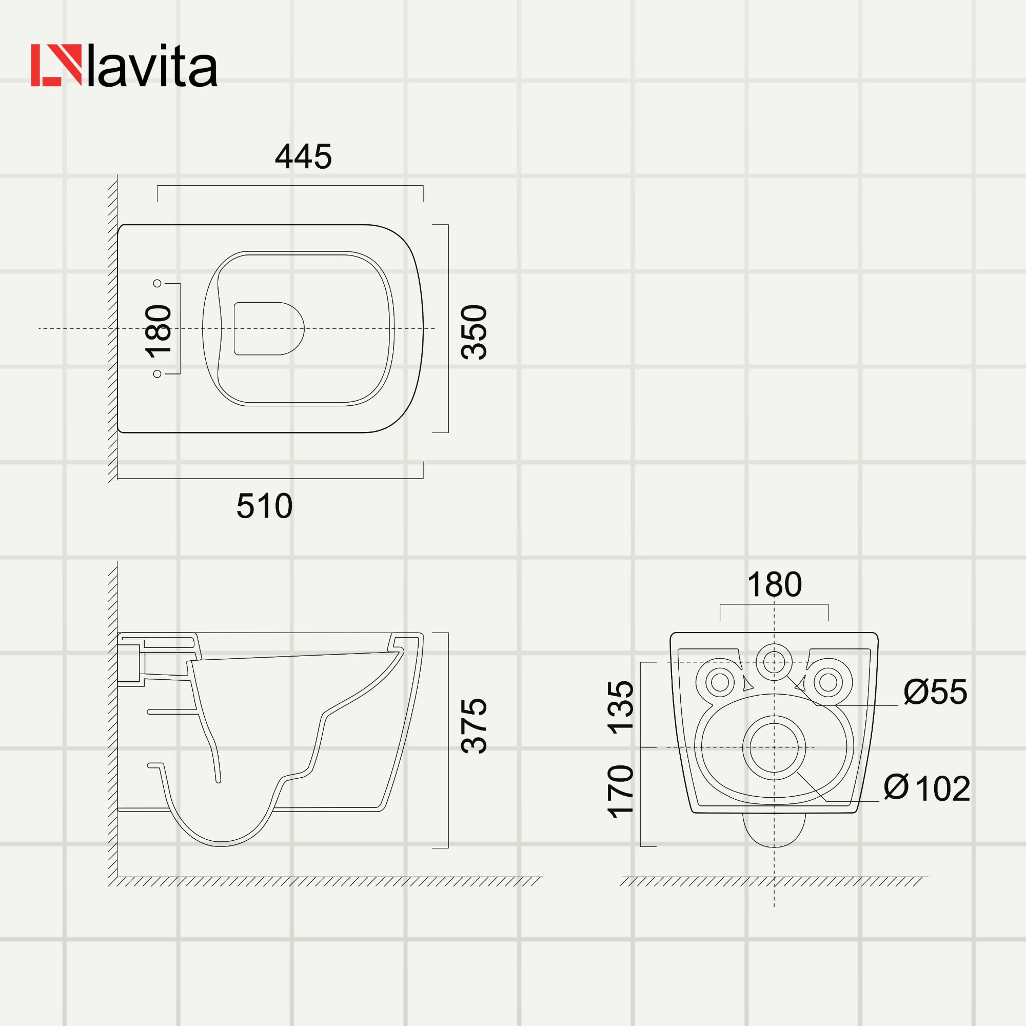 lavita WC Mural Suspendu avec abattant WC avec système d'abaissement Automatique et charnières métalliques, Cuvette Suspendue sans Bord, Noir Lago 340 x 485 x 370 mm, Noir