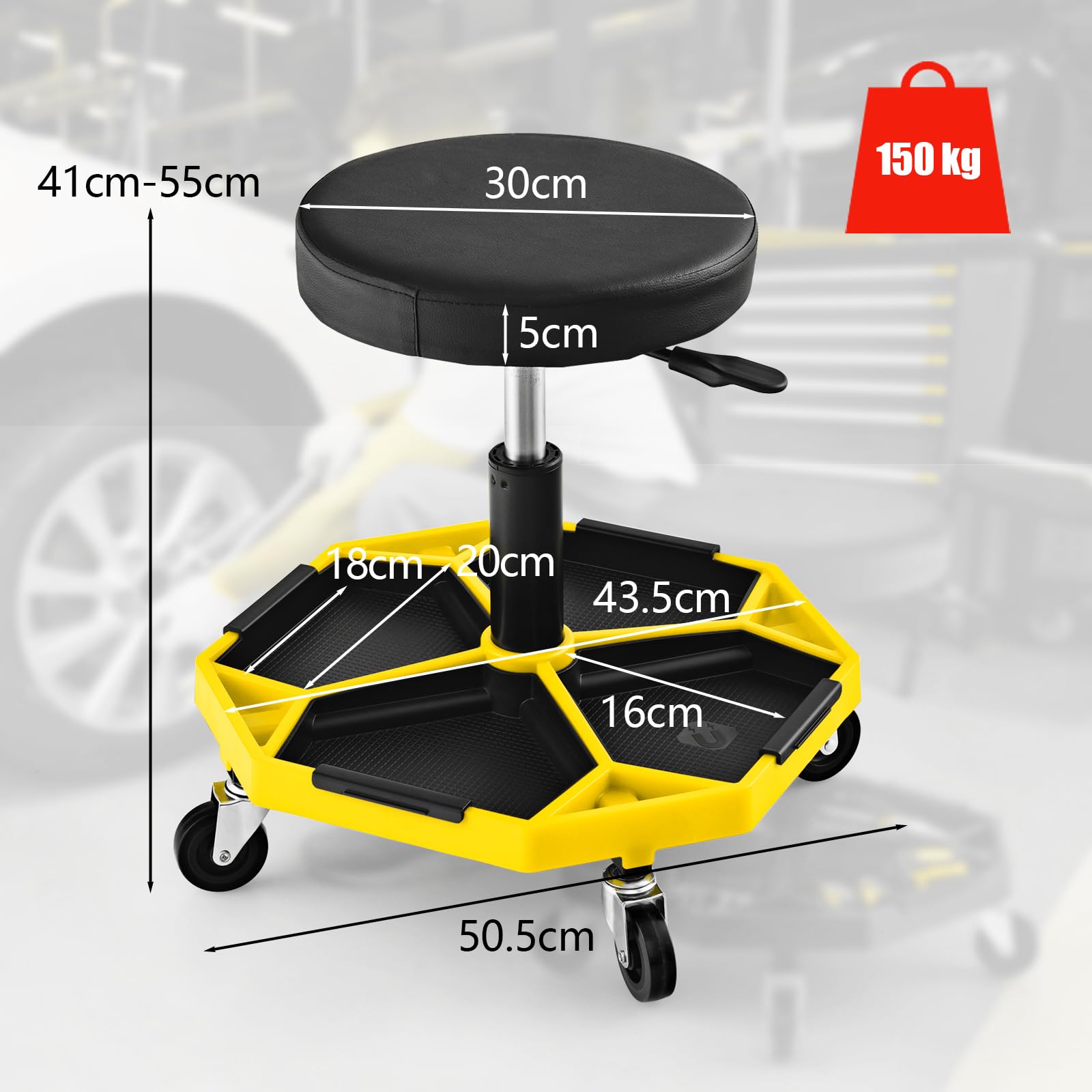 SOARS Sgabello rotelle, seduta ergonomica regolabile in altezza 41-55 cm, sgabello con vassoio magnetico rimovibile per riporre attrezzi, carico massimo 150 kg, per officina, garage (giallo)