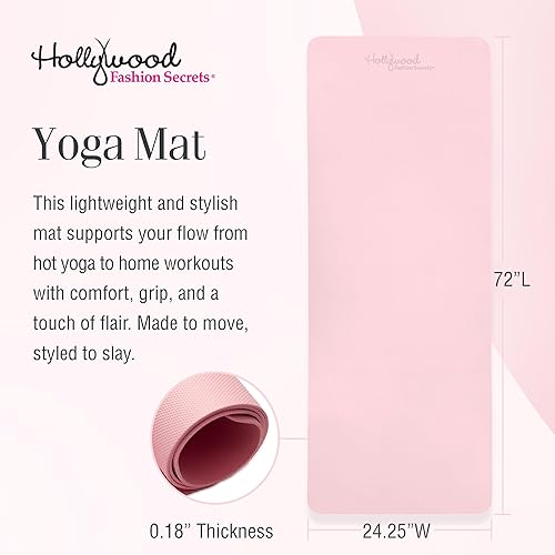 Miniatura 3 de Hollywood Fashion Secrets Alfombrilla de yoga rosa antideslizante, ligera, acolchada para el hogar, gimnasio, pilates y entrenamiento