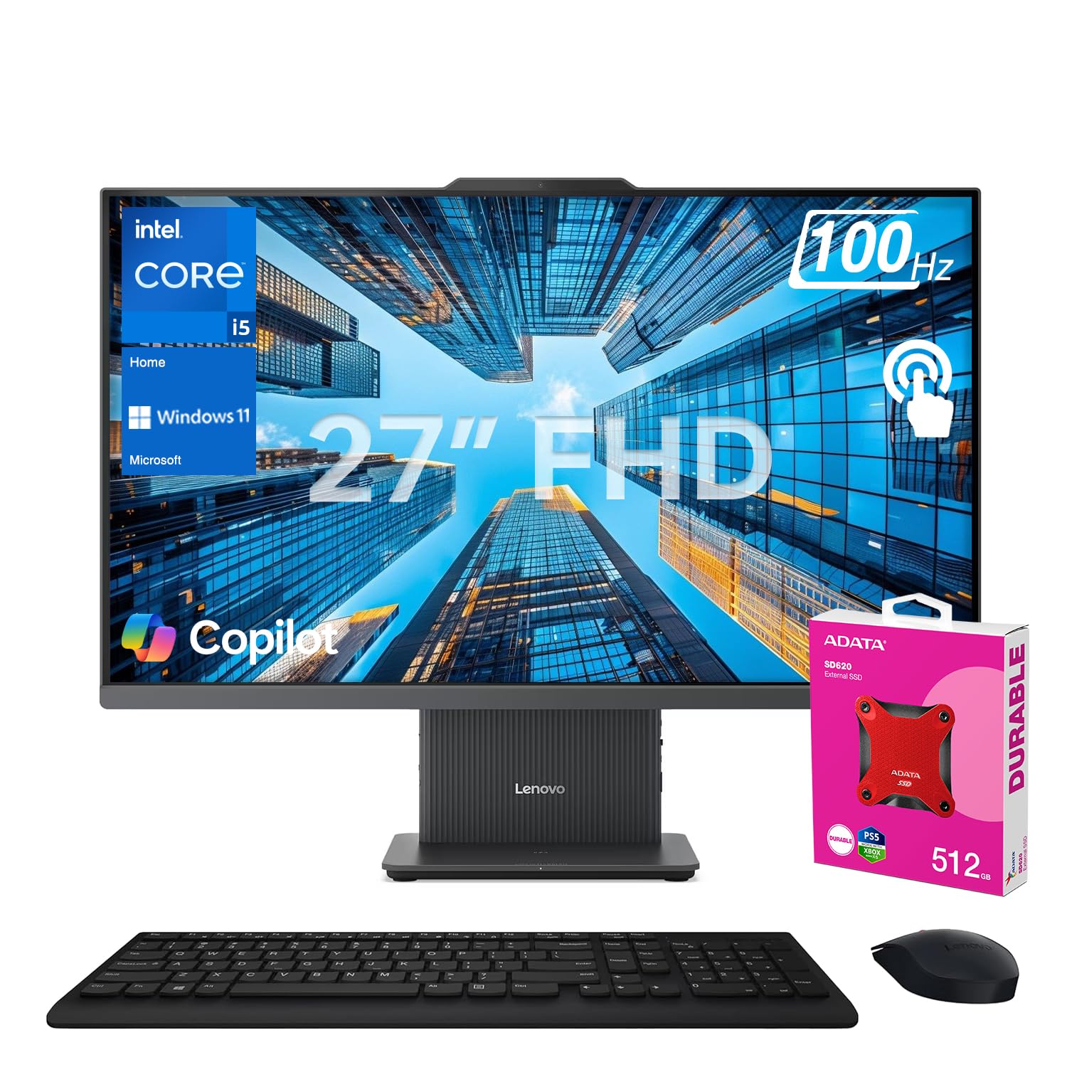 Lenovo IdeaCentre I 2025 Premium Business All-in-One, Next Gen AI, 27" FHD Touchscreen 100Hz, i5-13420H, 16GB DDR5 RAM, 1TB SSD, Wi-Fi 6, Wireless KB &M, W11H, Bundle with ADATA 512GB External SSD