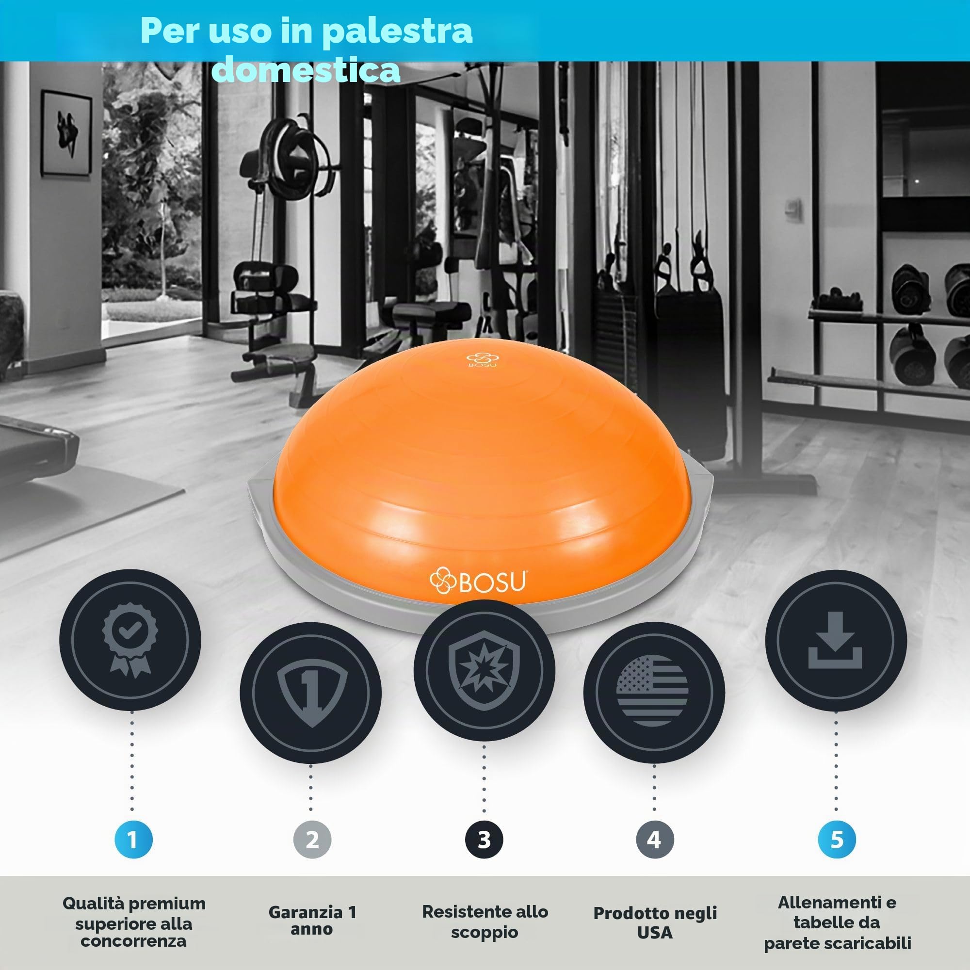 Bosu Attrezzo Originale per allenare l’Equilibrio, per Palestra in casa, Diametro di 66 cm
