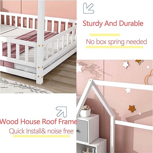 Miniatura 10 de Altillo Cama de casa con valla, camas Montessori de madera para niños con techo, cama de tienda, cama de piso de madera, marco de cama estilo casa