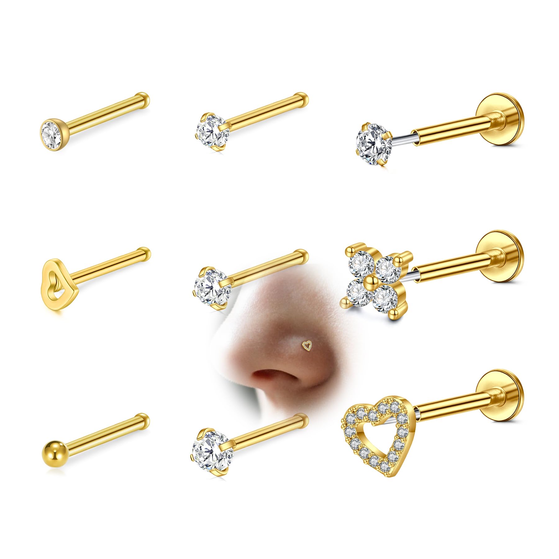 VFUN Threadless Nasenpiercing Cz Nasenstecker Für Damen Herren Labret Piercing Lippenpiercing Push In Flat Back Stud Earrings Cz Nose Nostril Tragus Helix Piercing