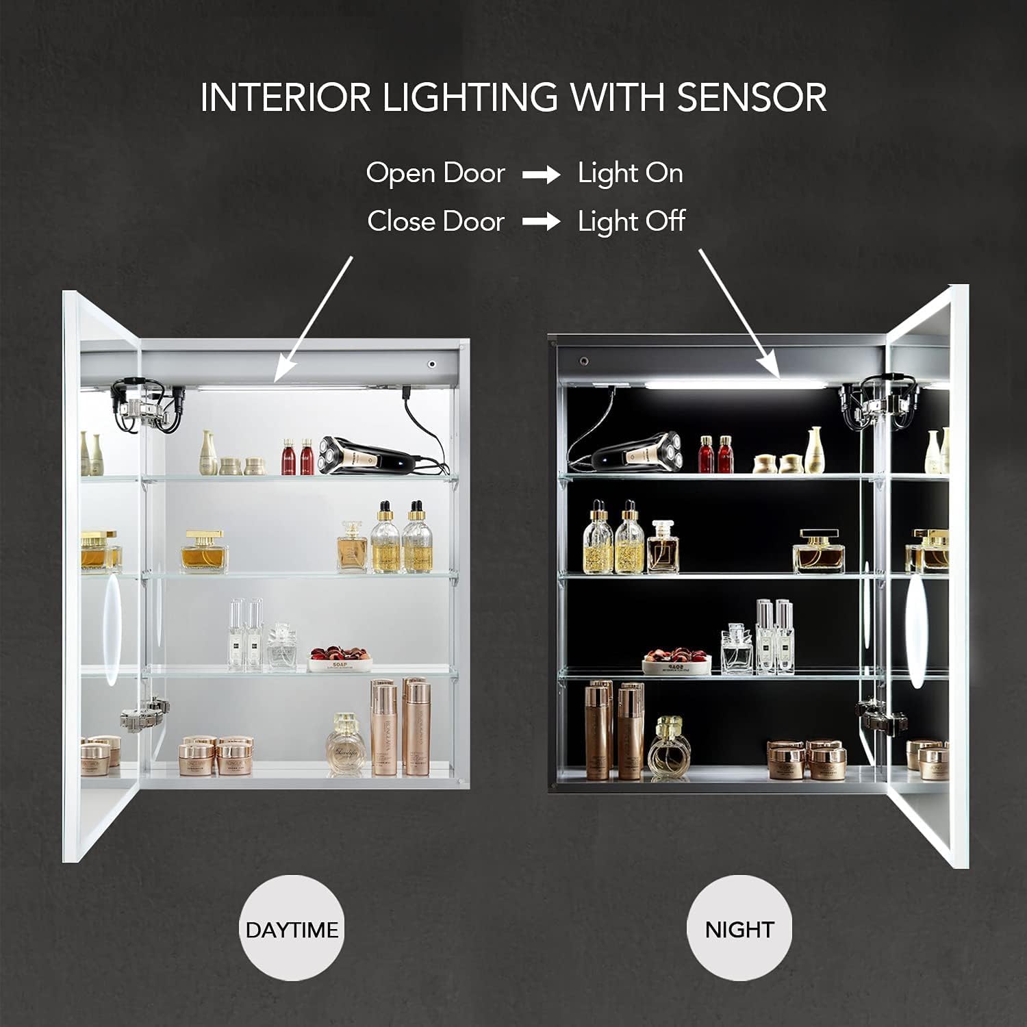 Comparison image showing the interior lighting with sensor: lights off when door is closed (daytime) and lights on when door is open (nighttime)