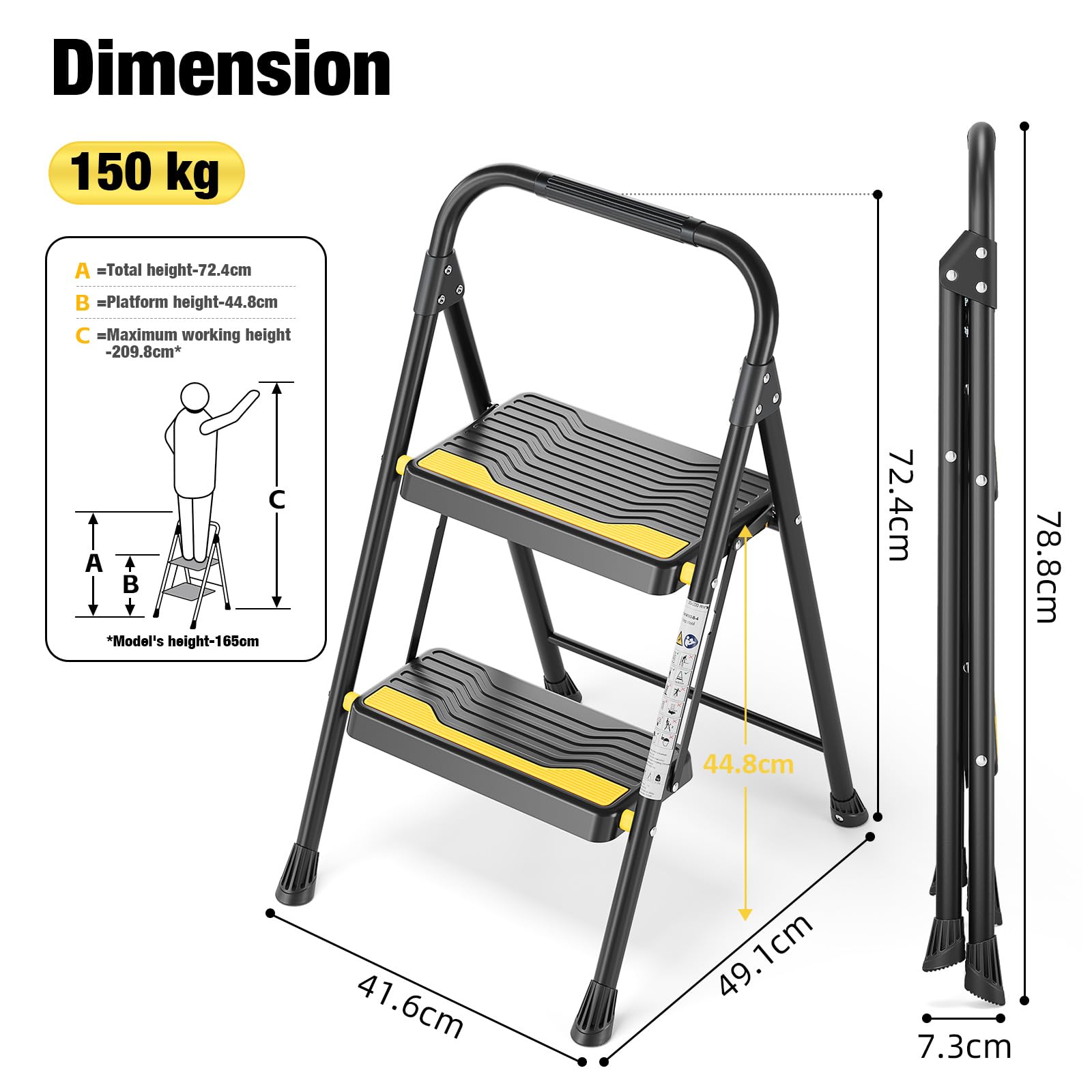 3-stapsladder, zware capaciteit van 150 kg, brede antislip treden en