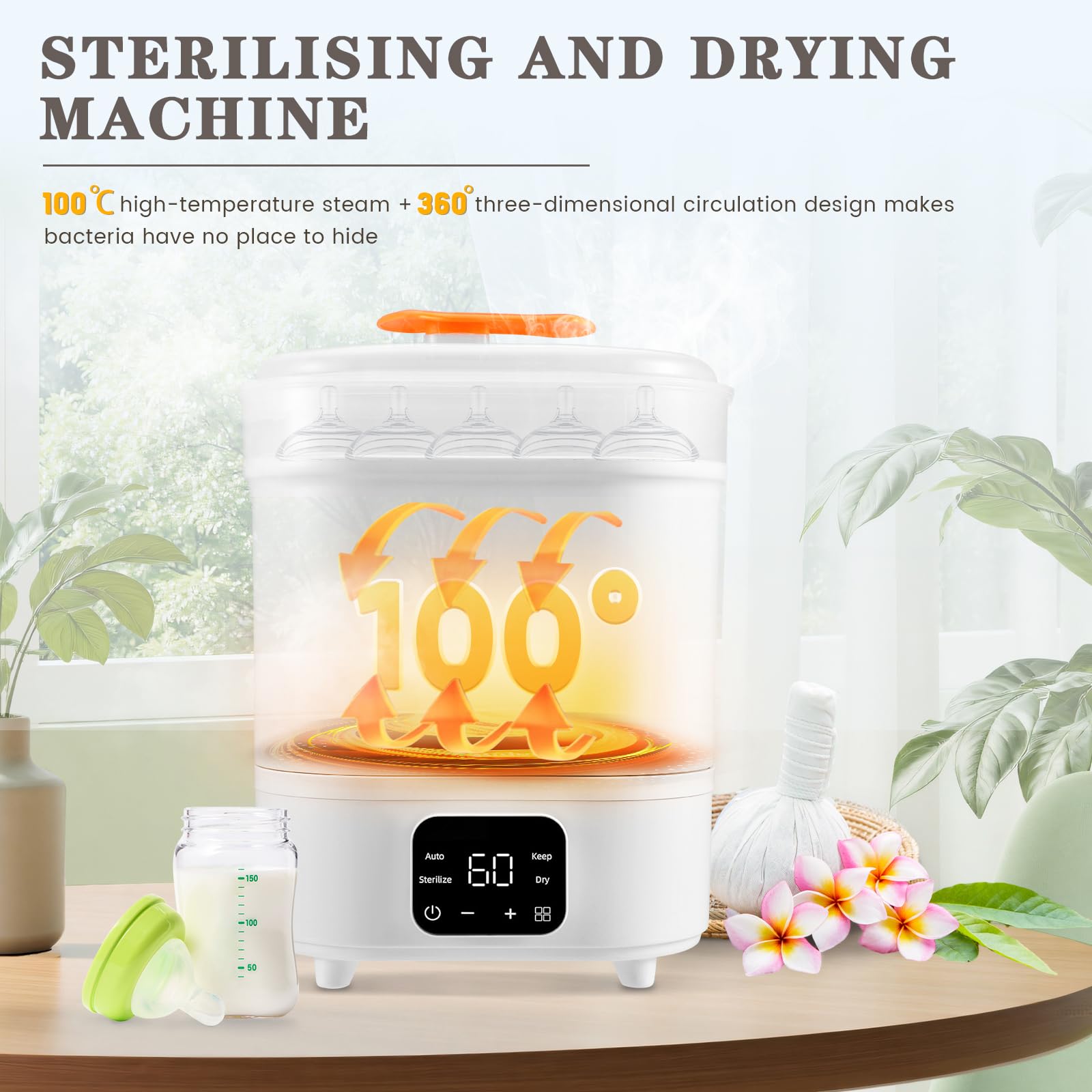 Sterilisator für Babyflaschen mit Trockner, Keramik-Vaporisator | 6-in-1 Dampfsterilisator für 6 Flaschen. Rostfreie Keramik-Heizplatte für leichte Reinigung, Auto-Trocknung & 24h-Modus.