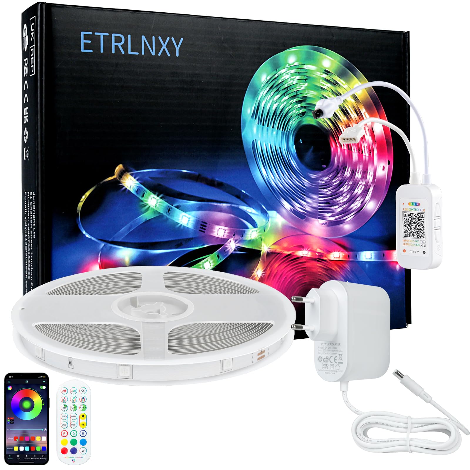 Ruban LED RGB 20 Mètres – 5050, Bluetooth/WiFi – 12V – Multicolore – Flexible – Pour Intérieur