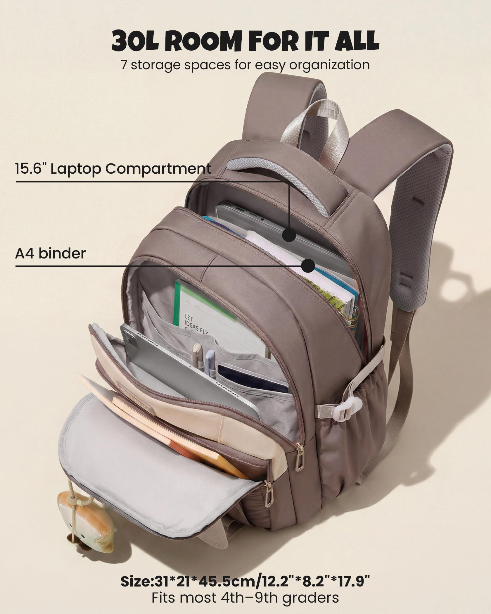 Amythe Schulrucksack Teenager 36L für Mädchen ab 5. Klasse, Großer Rucksack mit Trolleyband, Braun