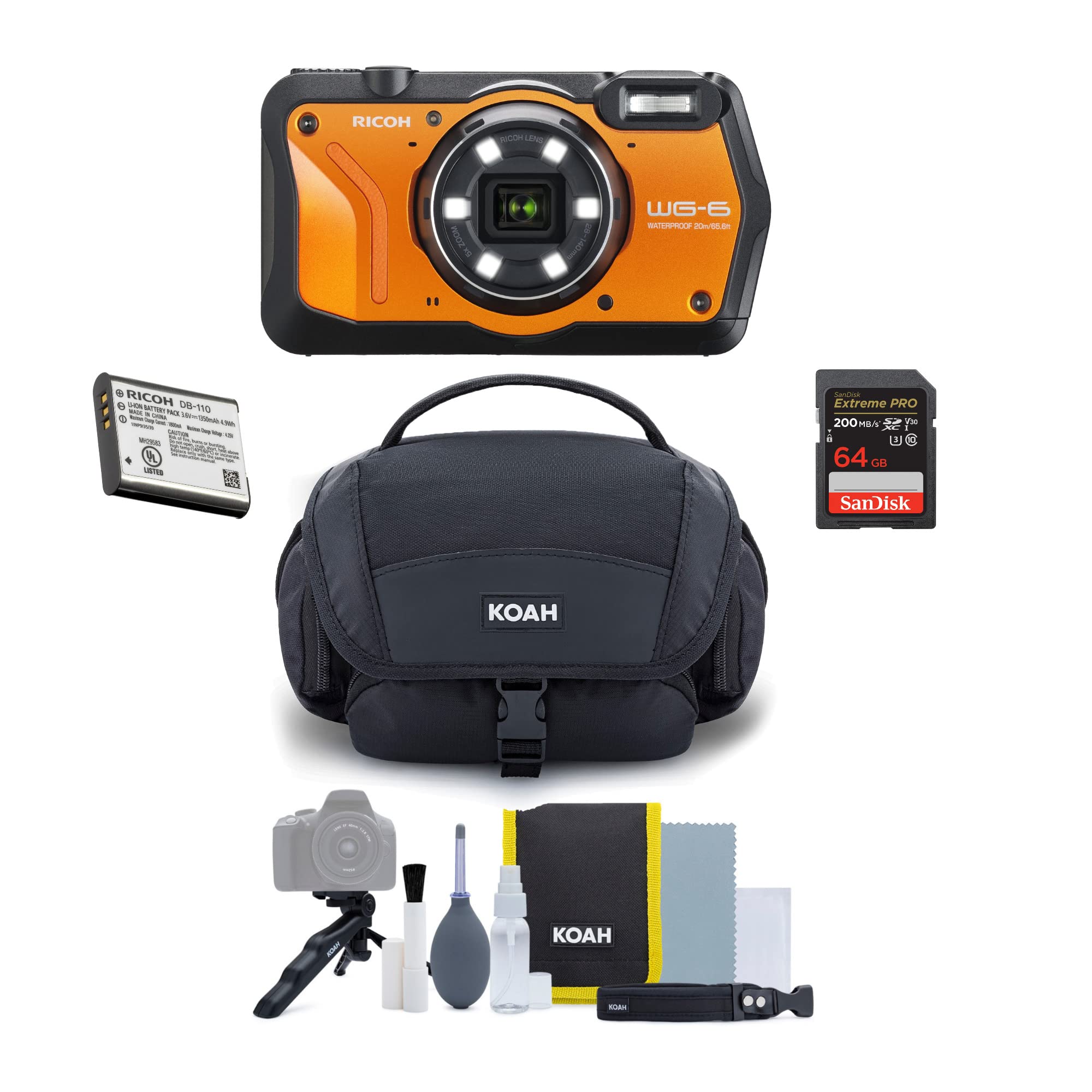RICOHWG-6 Digital Camera (Orange) Bundle with Extra Battery, 64GB Extreme PRO 200MB/s SDXC UHS-I Memory Card, and Accessory Kit (4 Items)