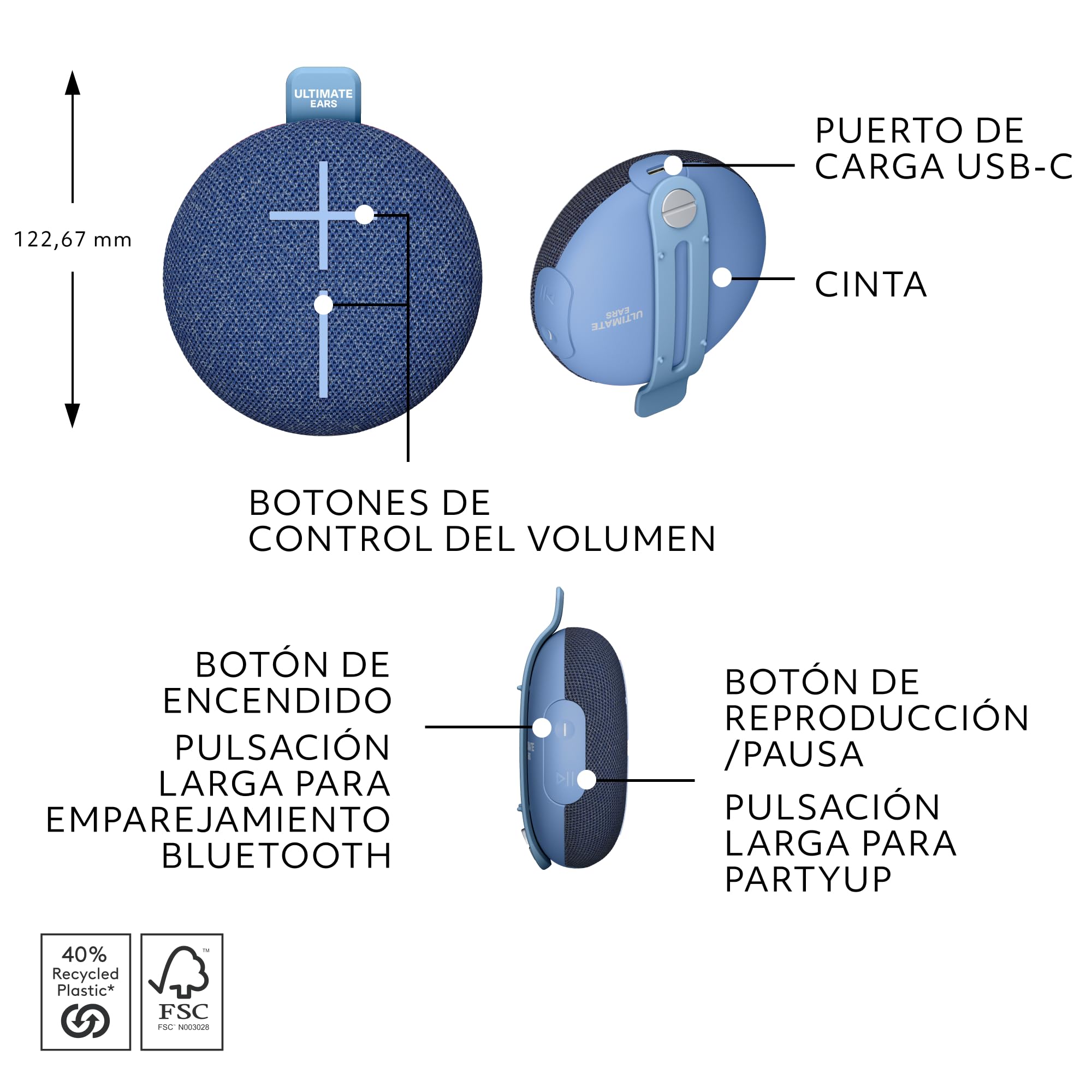 Ultimate Ears MINIROLL, Altavoz Bluetooth Resistente al Agua | ultraportátil, graves potentes, IP67 a prueba de polvo, radio de acción de 40 m - Azul