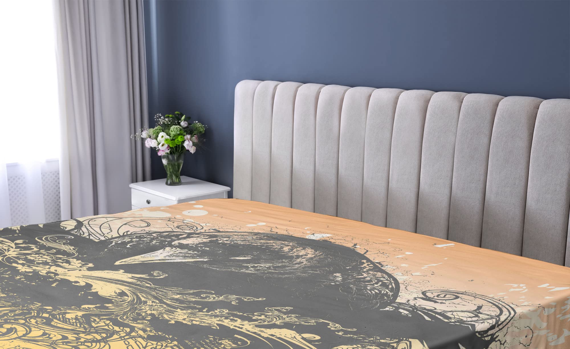 Ambesonne Black Fitted Sheet, Halloween Theme Vector Illustration of a Wicked Crow and Ornate Flowers Print, Comfy Bed Cover with All-Round Elastic Deep Pocket, California King, Black and Mustard