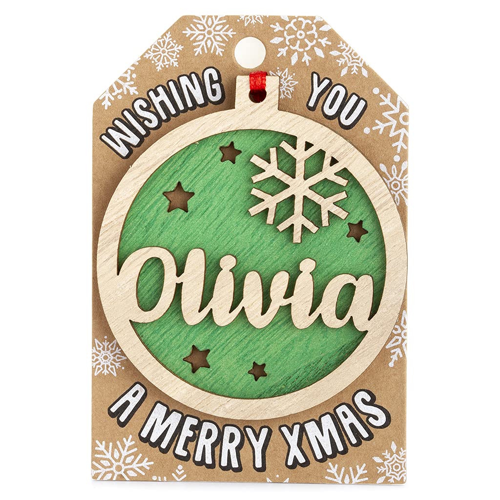 Stands Out, Supplying Outstanding Gifts Olivia Personalised Wooden Name Green Hanging Christmas Tree Bauble Decoration