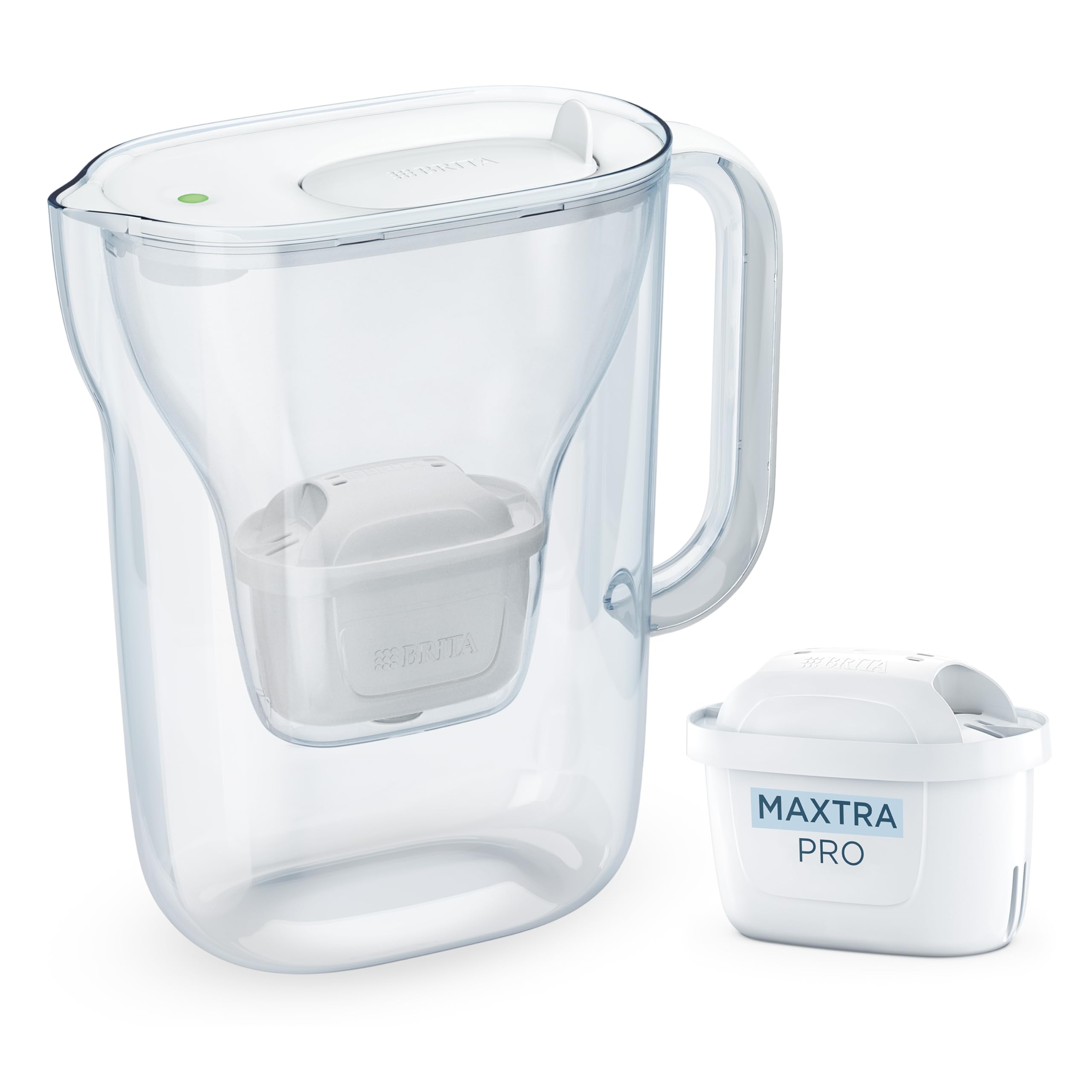 BRITA Dzbanek do wody Style Essential biały (2,4 l) w zestawie 1 x Brita MAXTRA PRO Pure Performance – dzbanek nadaje się do lodówki z Smart Light LED i pokrywą na zawiasach, filtruje zanieczyszczenia