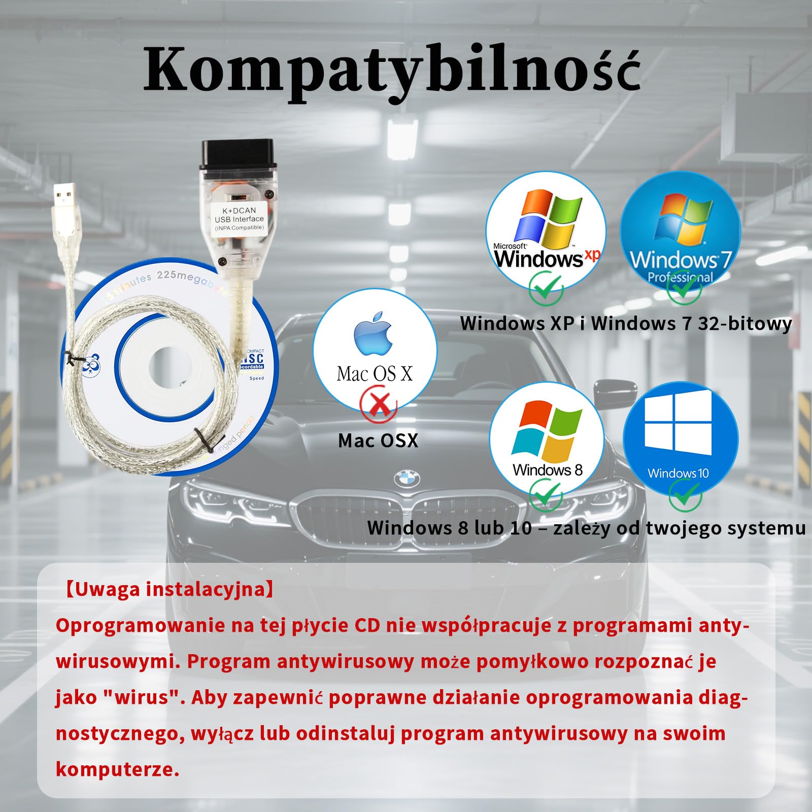 Kabel K DCAN OBD2 do USB do czytnika kodów BMW,Kabel K CAN z przełącznikiem Chip FTDI FT232RL,Kabel K Dcan do modeli BMW serii E 1998-2018 Pełne narzędzie diagnostyczne,Kompatybilny z systemem Windows