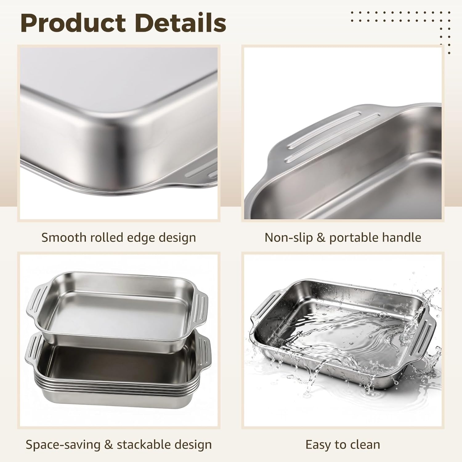 ZALIR 2PCS Stainless Steel Baking Pans, 9x13 Rectangular Cake Baking Pan with 5 Silicone Spatula Set, 2 Oven Mitts & 1 Oil Brush, Double Handle Baking Pan for Breads, Meat