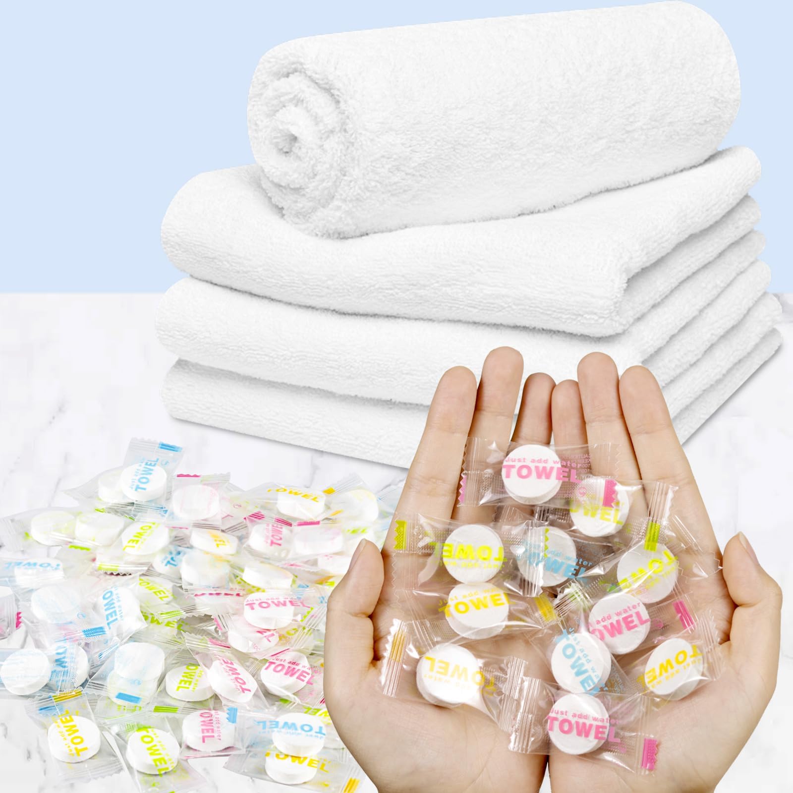NALACAL 100pcs Disposable Compressed Towels for Travel, Coin-Style Portable Towels for Camping, Hiking, Outdoor Sports, Beauty, and Hygiene – Compact, Easy to Use, Safe for Kids and Adults
