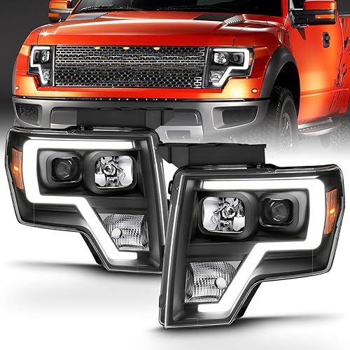AmeriLite for 2009-2014 Ford F150 Truck LED Bar Square Projector Halogen Black Headlights Set High/Low Beam Bulb Included - Driver and Passenger Side