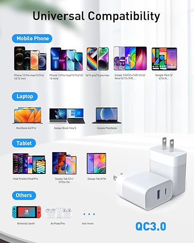 Miniatura 5 de Paquete de 2 cargadores de pared USB C GaN de 45 W, bloque de cargador rápido de doble puerto, adaptador de corriente PD + QC3.0 para iPhone