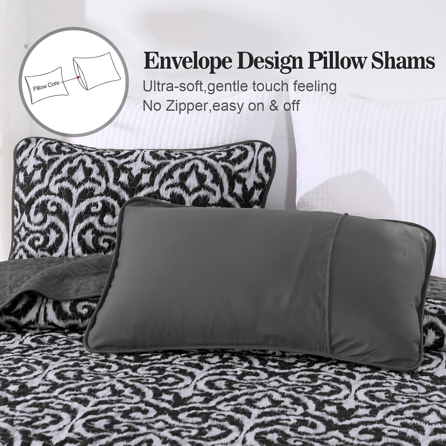 Menghomeus Black Quilt Set King Boho Bedspread Coverlet Set 3 Pieces Lightweight Microfiber Bedding Set with 2 Pillow Shams (King Size, 104"x90")