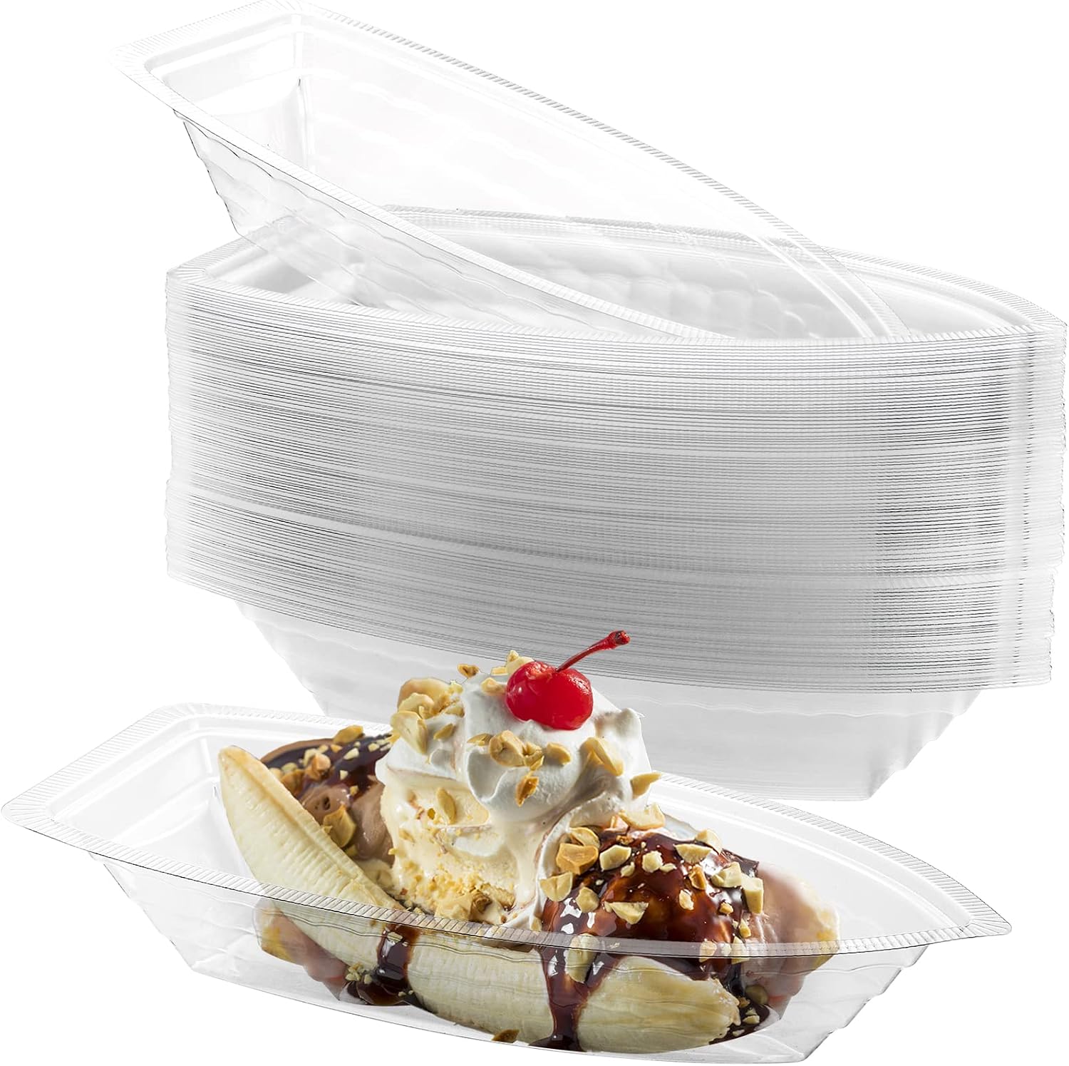 ZEAYEA 150 Pack 8 oz Banana Split Boat Plate, Disposable Plastic Food Boats, Food Grade Ice Cream Sundae Serving Bowls for Snack, Salad, Chip, Clear Dessert Bowls for Party, Restaurant