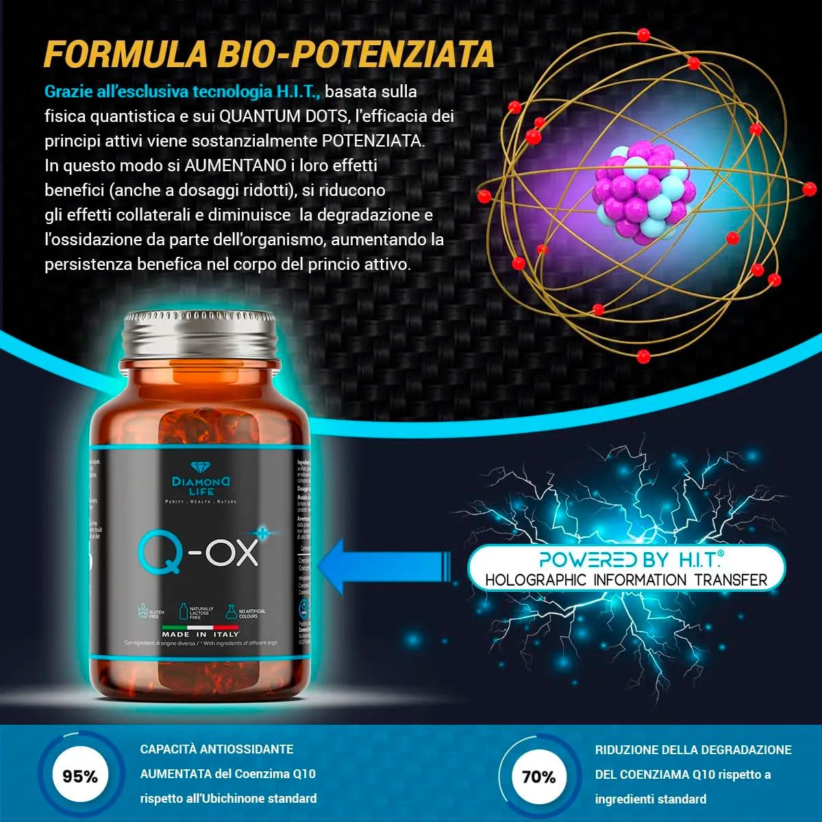 DIAMOND Q-OX - Q10 UBICHINOLO Bio-Potenziato | Nutraceutico a Base di Ubichinolo Kaneka QH® Puro Altamente Assimilabile | Fermentato Naturalmente | 30 Softgel Scure | Senza Glutine, No OGM