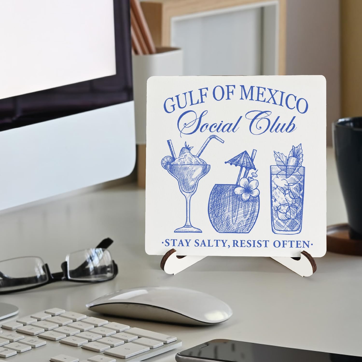 Blue Coastal Beach Cocktail Bar Wooden Stand Sign 5x5 Inch, Mexico Funny Political Wood Plaque Sign for Bar Pub Party Home Kitchen Desk Table Shelf Counter Decorations image 2